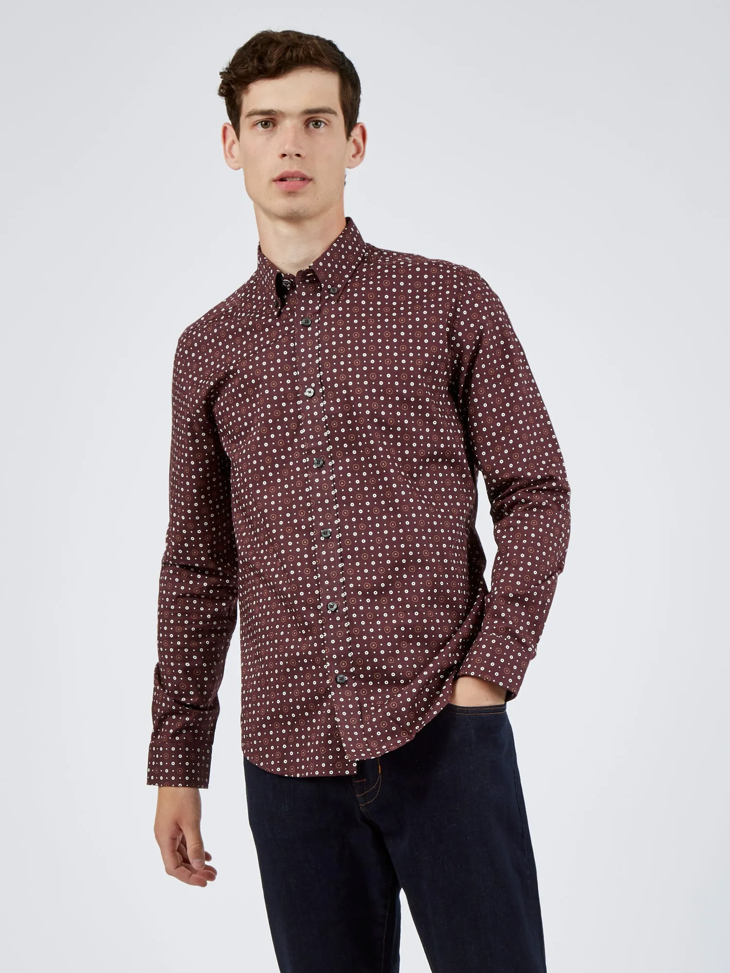Long-Sleeve Retro Spot-Print Shirt - Bordeaux sold by Ben Sherman