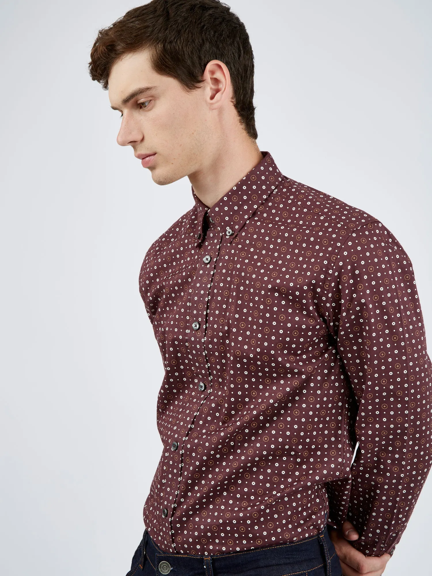 Long-Sleeve Retro Spot-Print Shirt - Bordeaux sold by Ben Sherman product image thumbnail 3