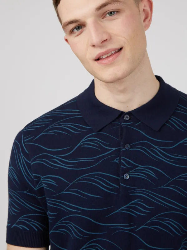 Wave Print Knit Polo - Marine sold by Ben Sherman