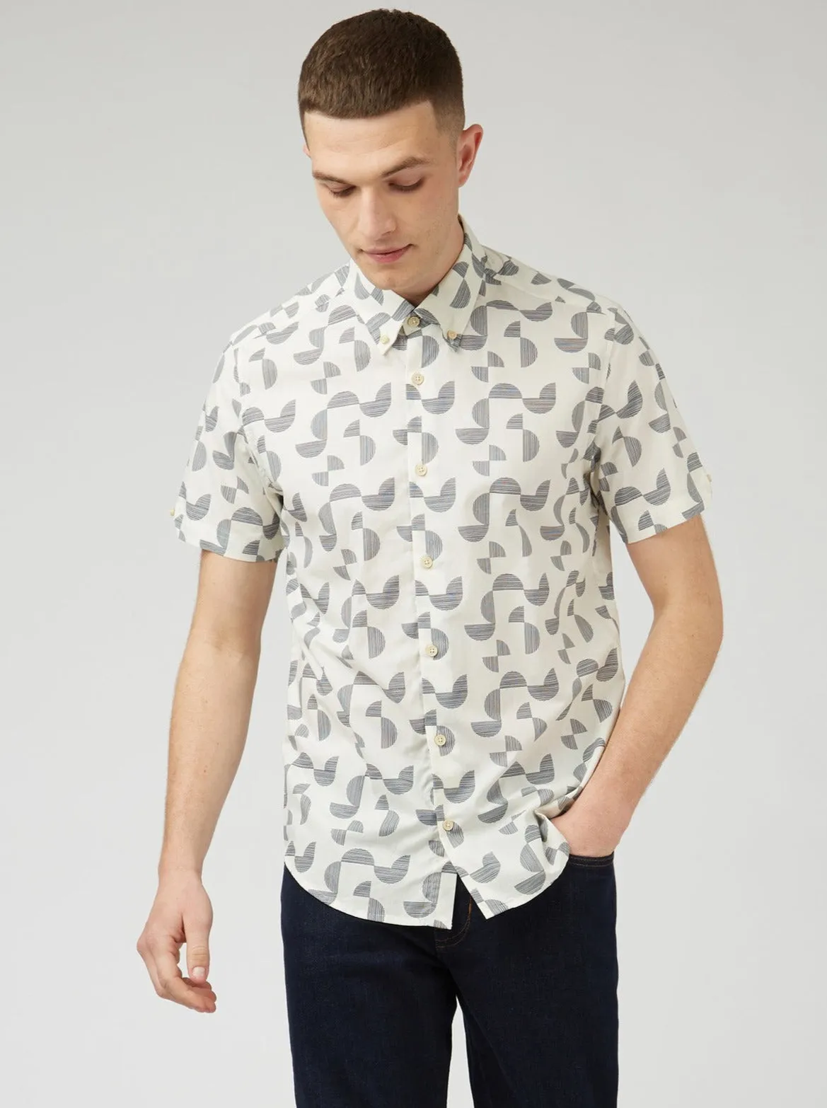 Textured Linear Print Short-Sleeve Shirt - Ivory sold by Ben Sherman product image thumbnail 3