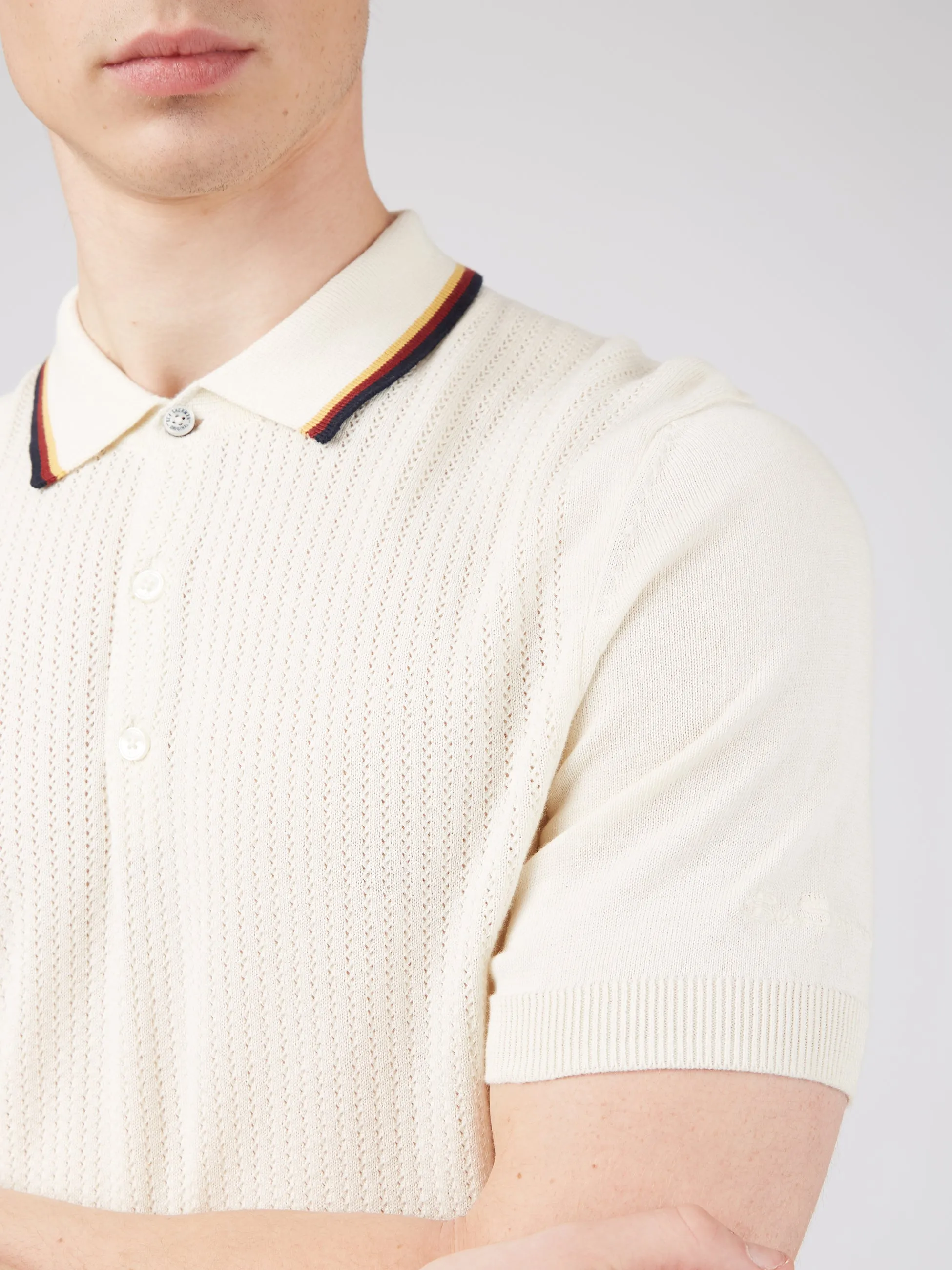 Textured Lightweight Knit Polo - Ivory sold by Ben Sherman