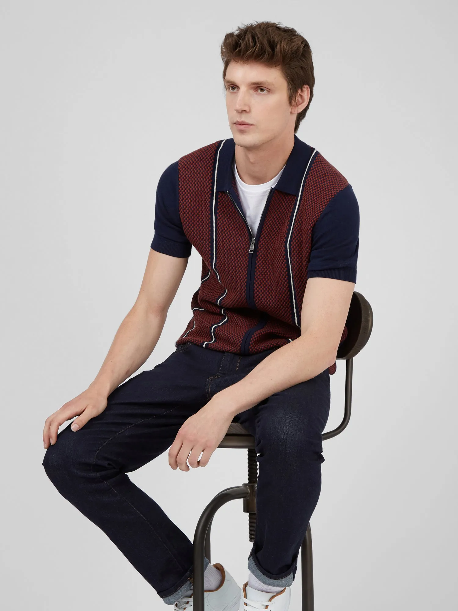 Short-Sleeve Jacquard Zip-Through Knit Polo - Marine sold by Ben Sherman product image thumbnail 5