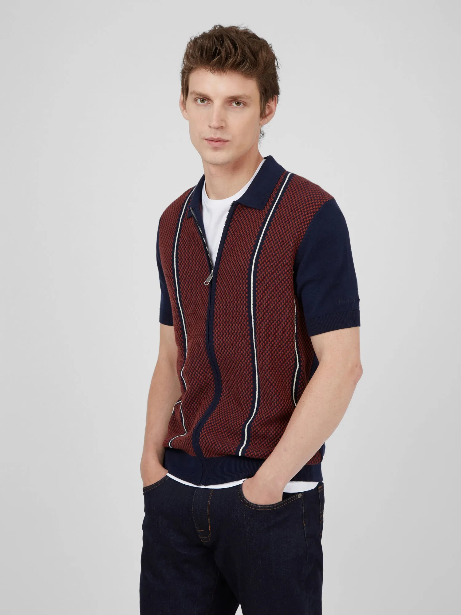 Short-Sleeve Jacquard Zip-Through Knit Polo - Marine sold by Ben Sherman