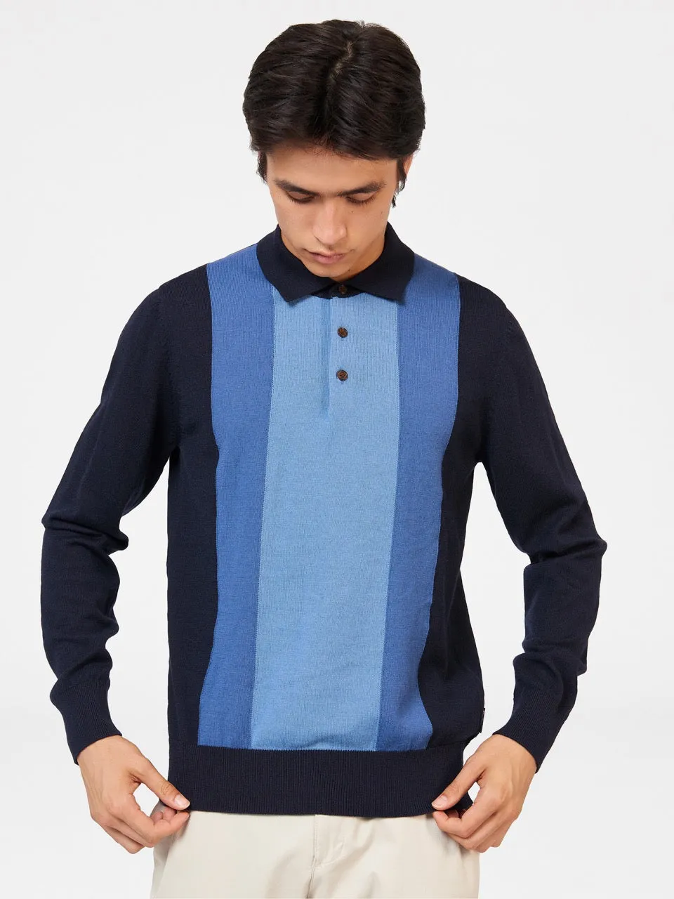 Block Stripe Merino Knit Polo - Dark Navy sold by Ben Sherman