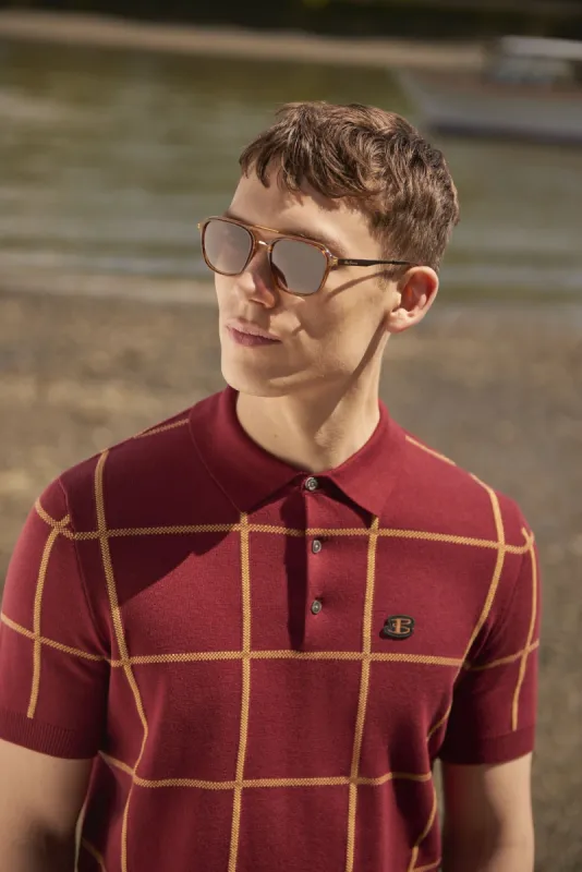 B by Ben Sherman Jacquard Check Knit Polo - Claret sold by Ben Sherman