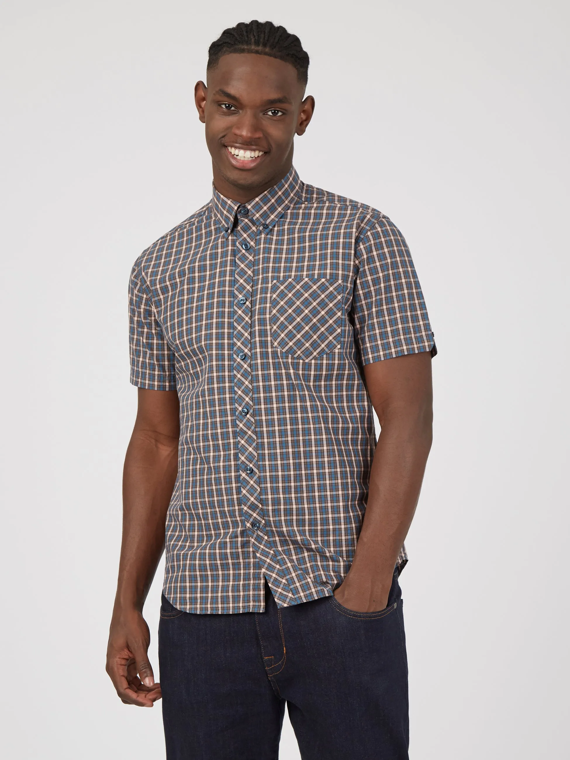 Signature House Check Short-Sleeve Shirt - Wedgewood Blue sold by Ben Sherman