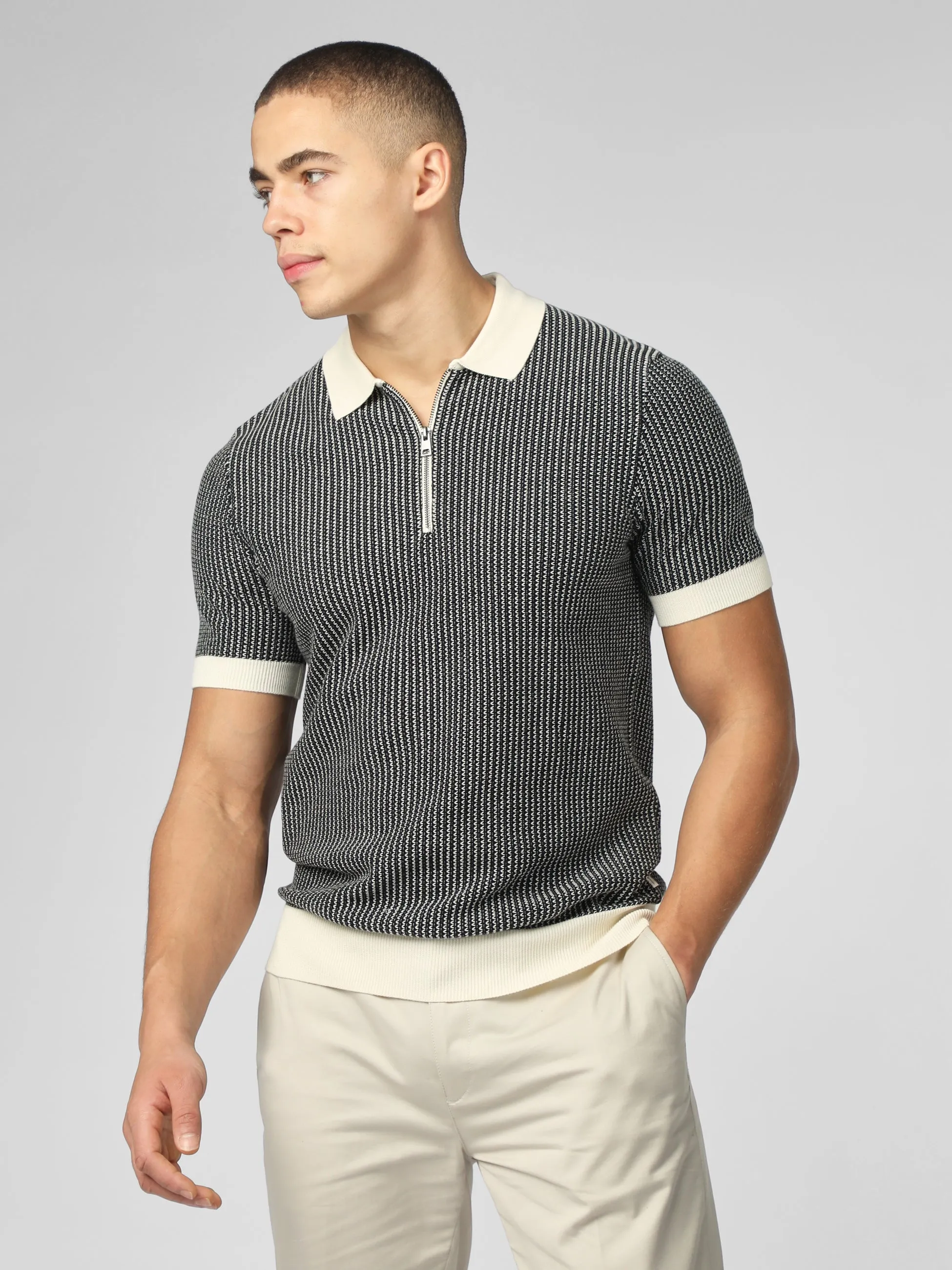 Signature Bicolor Zip Neck Polo - Ivory sold by Ben Sherman
