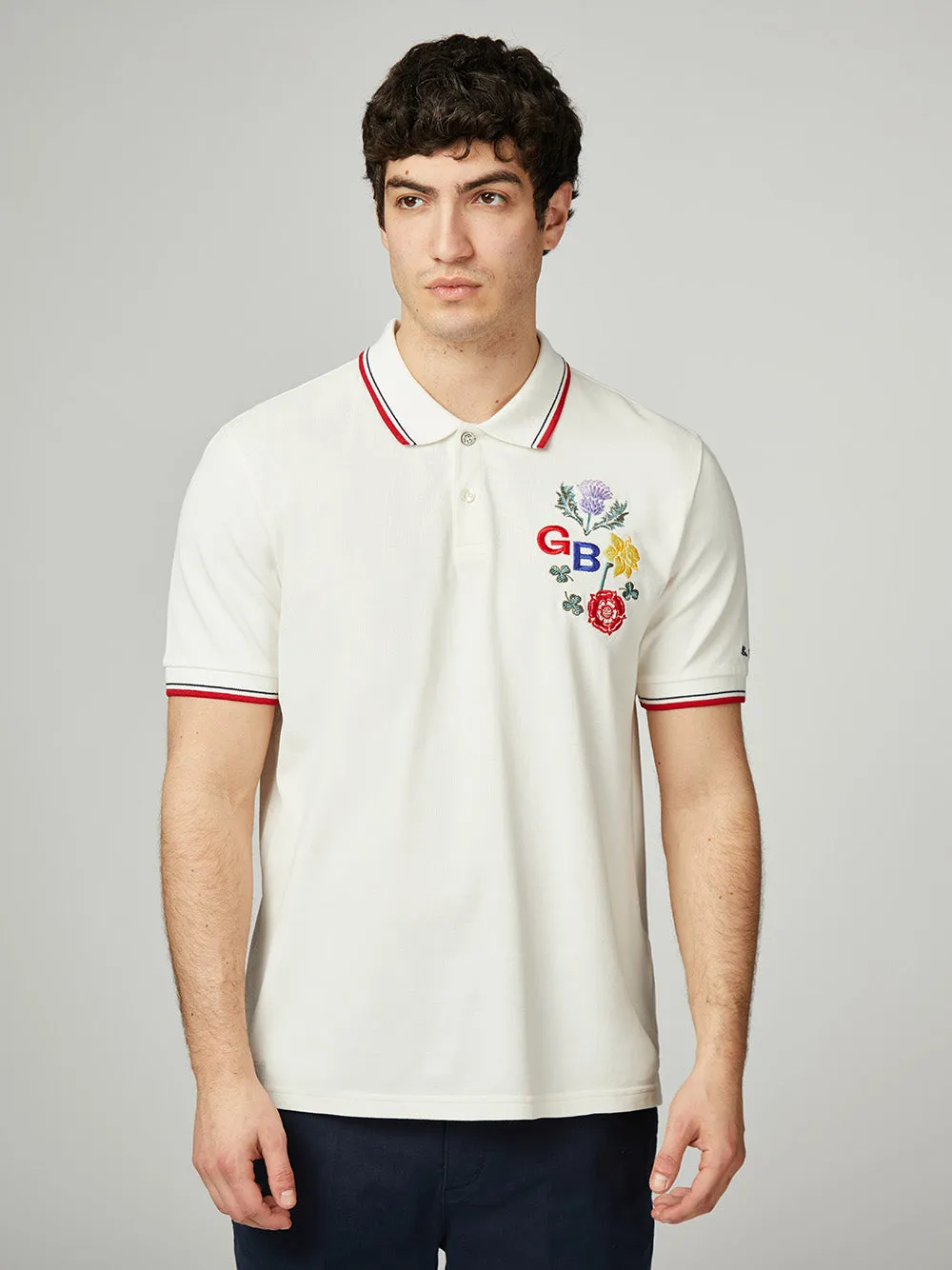 Team GB Floral Embroidered Pique Polo - Ivory sold by Ben Sherman