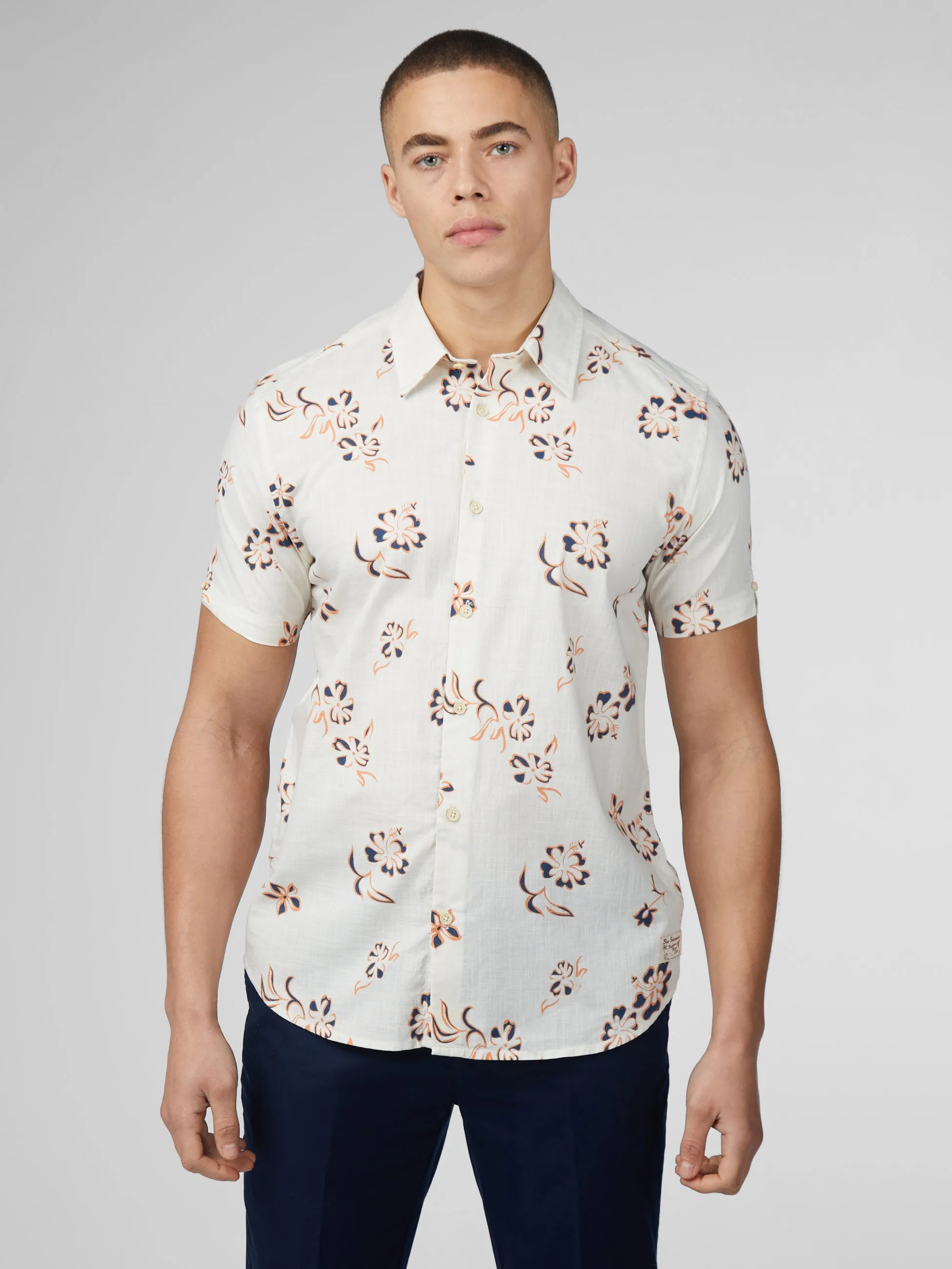 Signature Linear Floral Print Shirt - Ivory sold by Ben Sherman