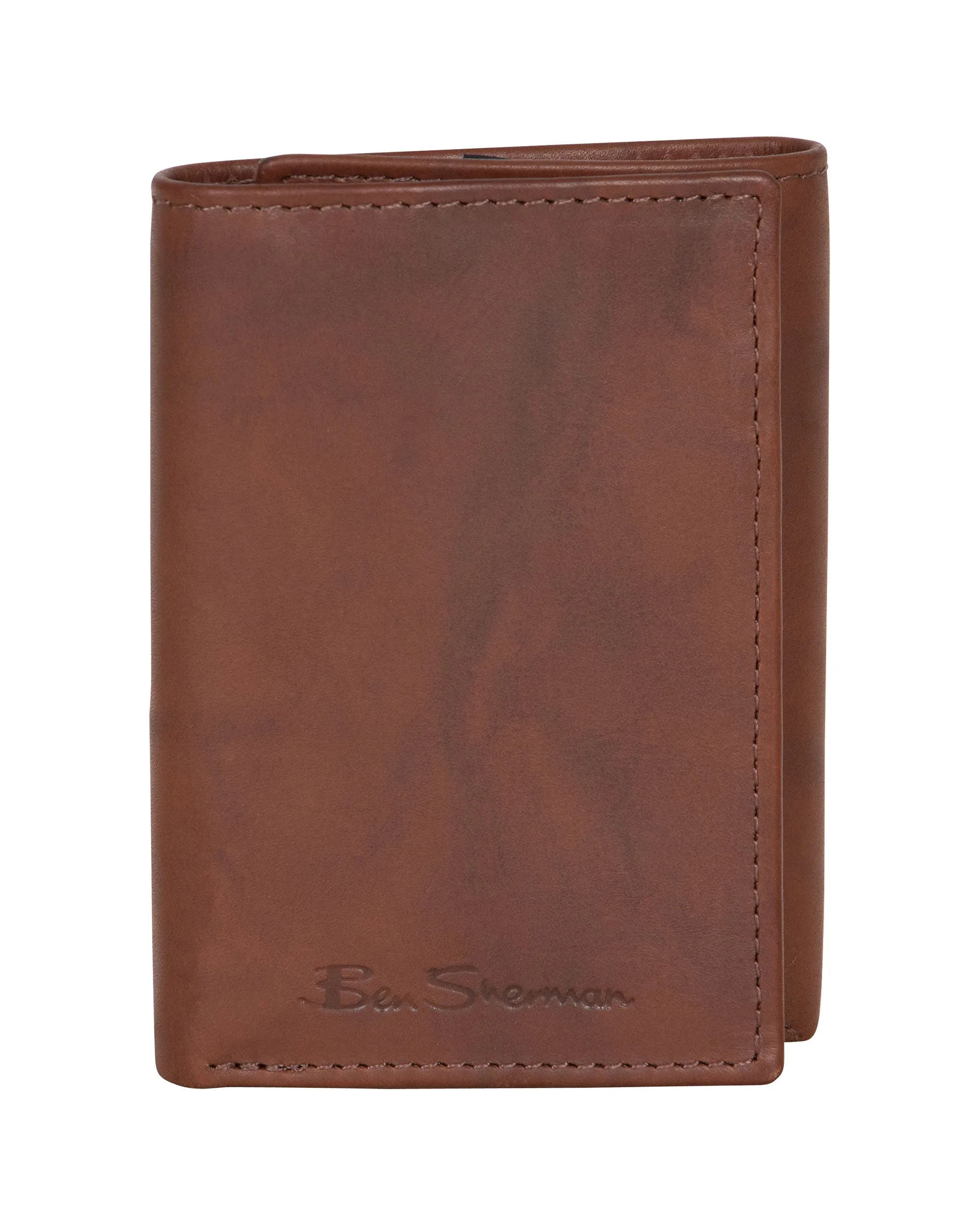Manchester Full-Grain Cowhide Marble Crunch Leather Trifold Wallet - Cognac sold by Ben Sherman