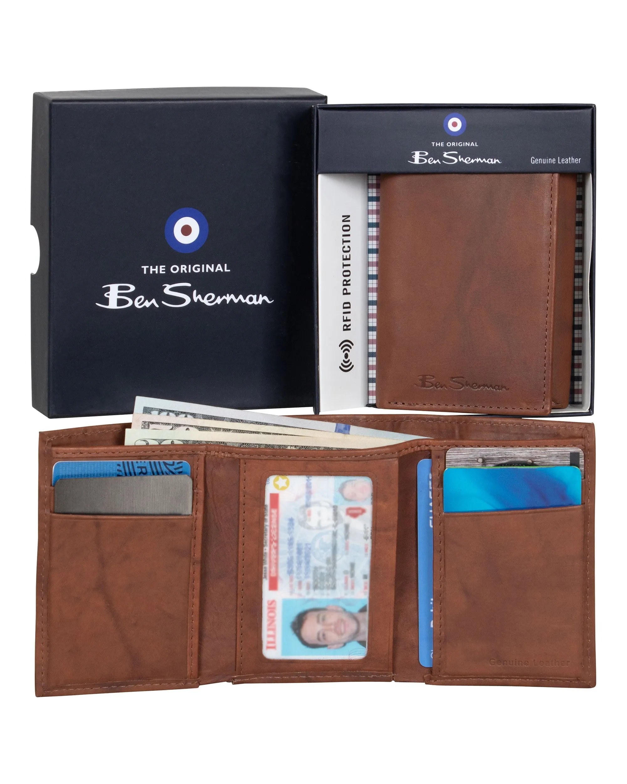 Manchester Full-Grain Cowhide Marble Crunch Leather Trifold Wallet - Cognac sold by Ben Sherman product image thumbnail 5