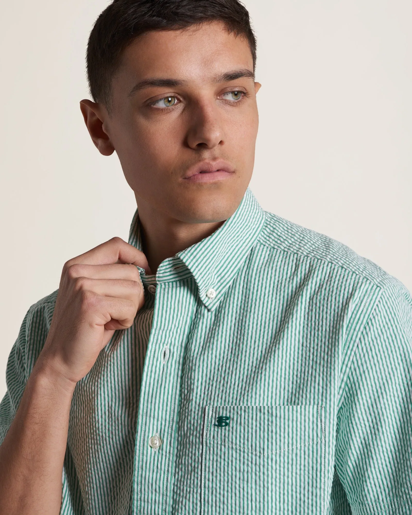 Seersucker Bengal Stripe Shirt - Green sold by Ben Sherman