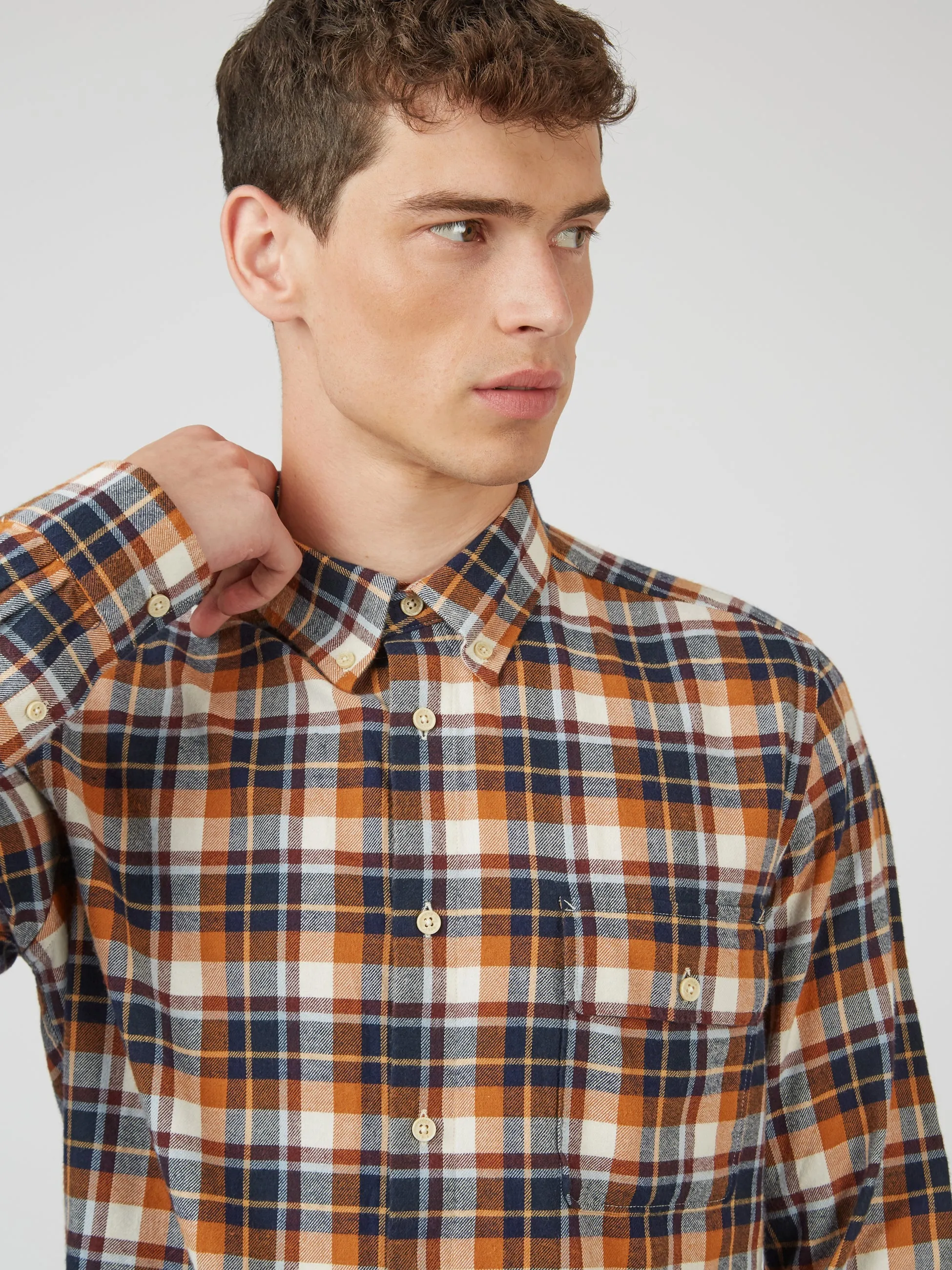 Brushed Plaid Check Long-Sleeve Shirt - Dark Orange sold by Ben Sherman product image thumbnail 2