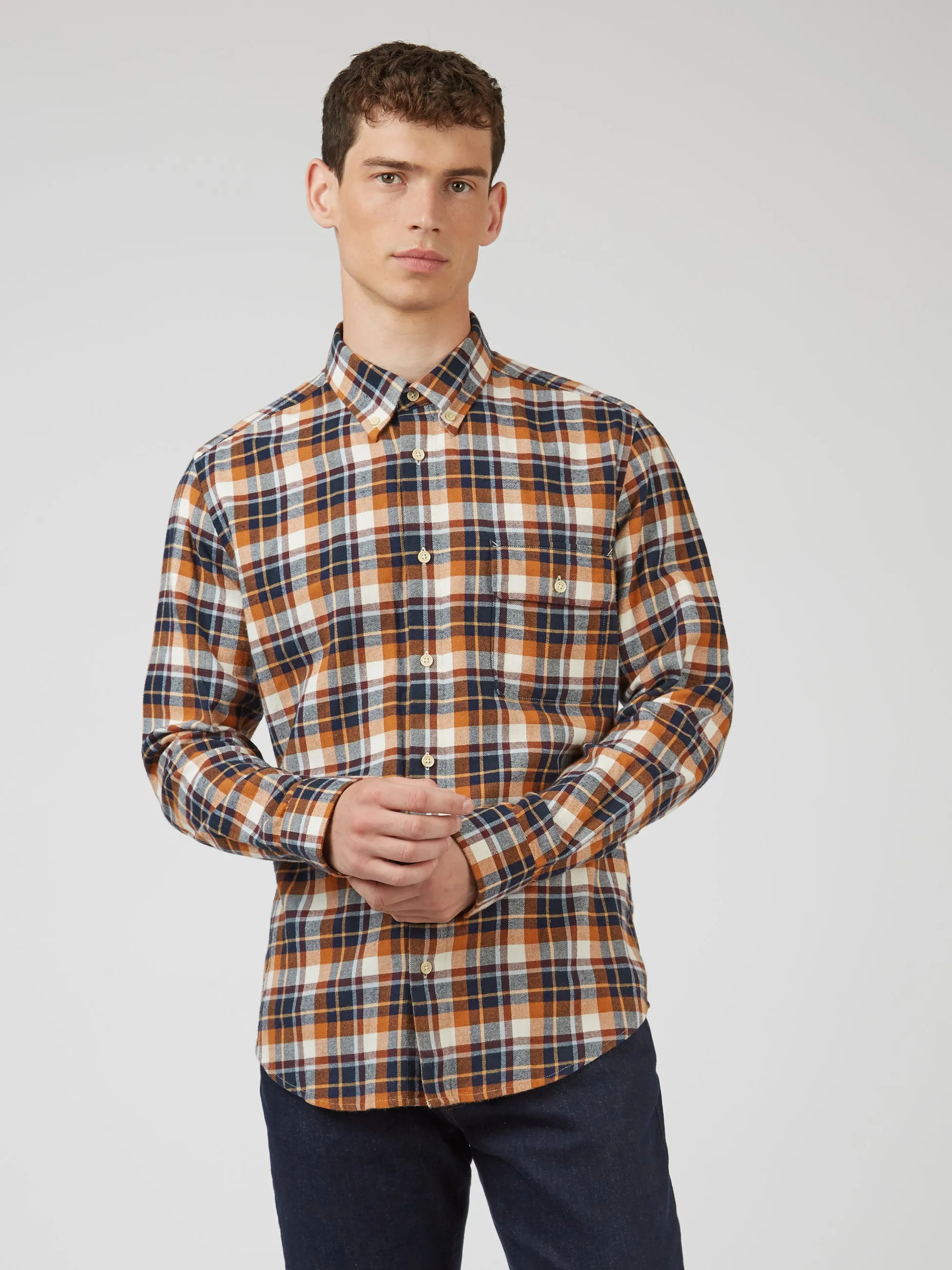 Brushed Plaid Check Long-Sleeve Shirt - Dark Orange sold by Ben Sherman product image thumbnail 3