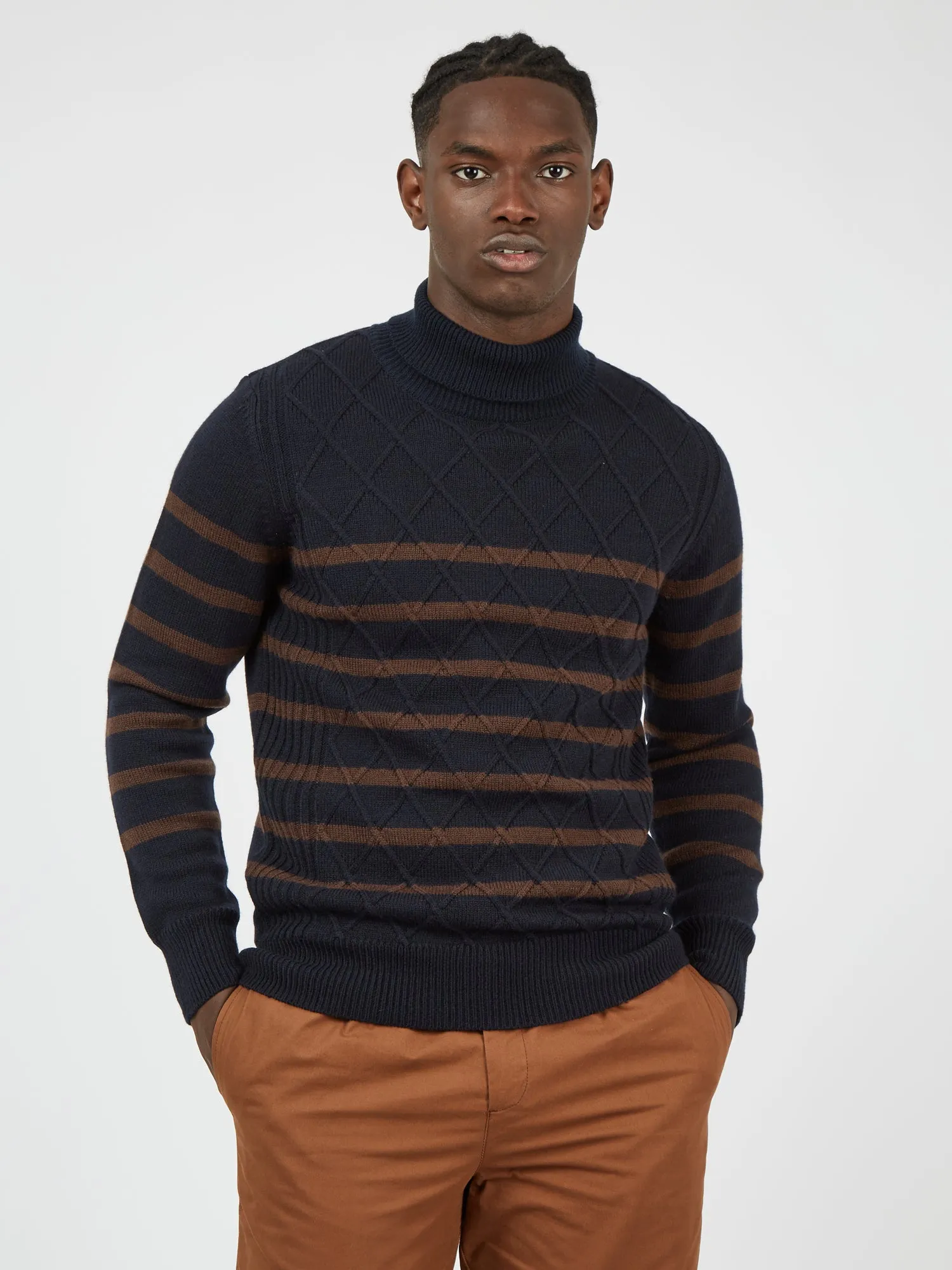 Textured Striped Roll-Neck Sweater - Dark Navy sold by Ben Sherman