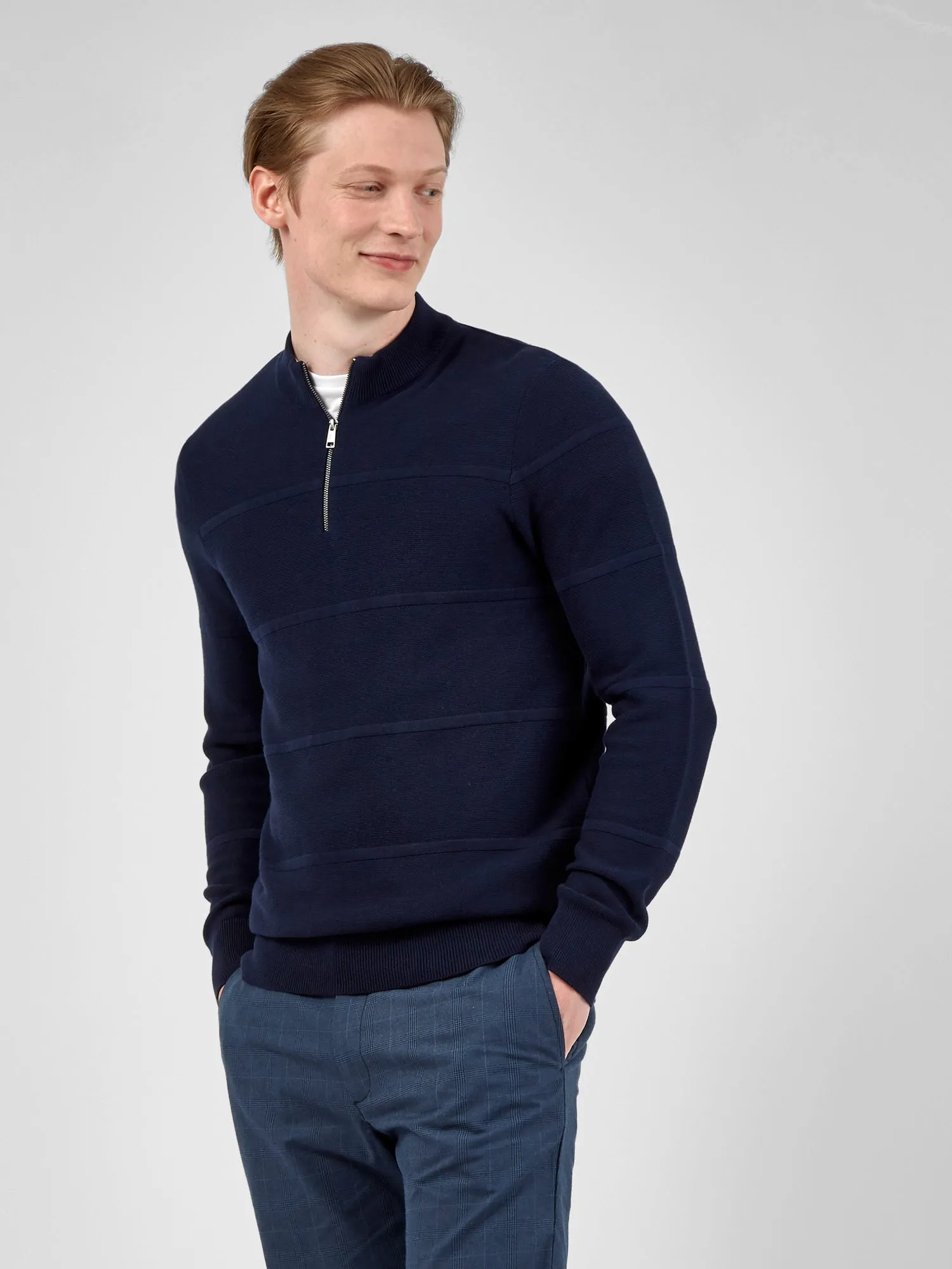 Textured Zip-Neck Knit Sweater - Marine sold by Ben Sherman