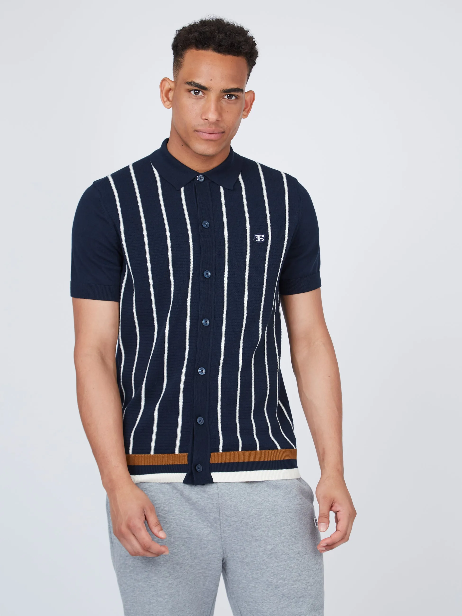 B by Ben Sherman Striped Button-Down Knit Polo - Navy sold by Ben Sherman
