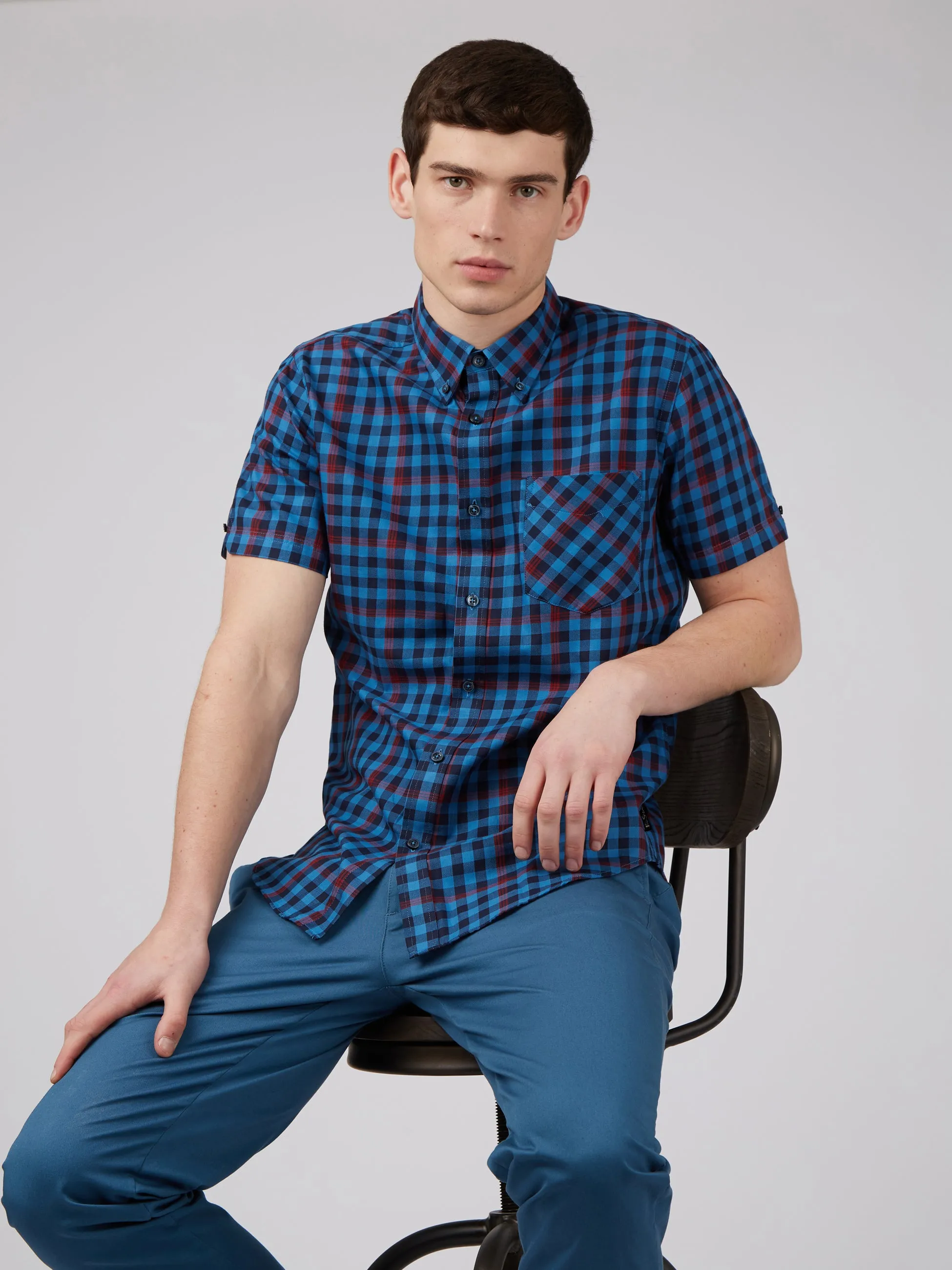 Gingham Overcheck Short-Sleeve Shirt - Bright Blue sold by Ben Sherman product image thumbnail 5