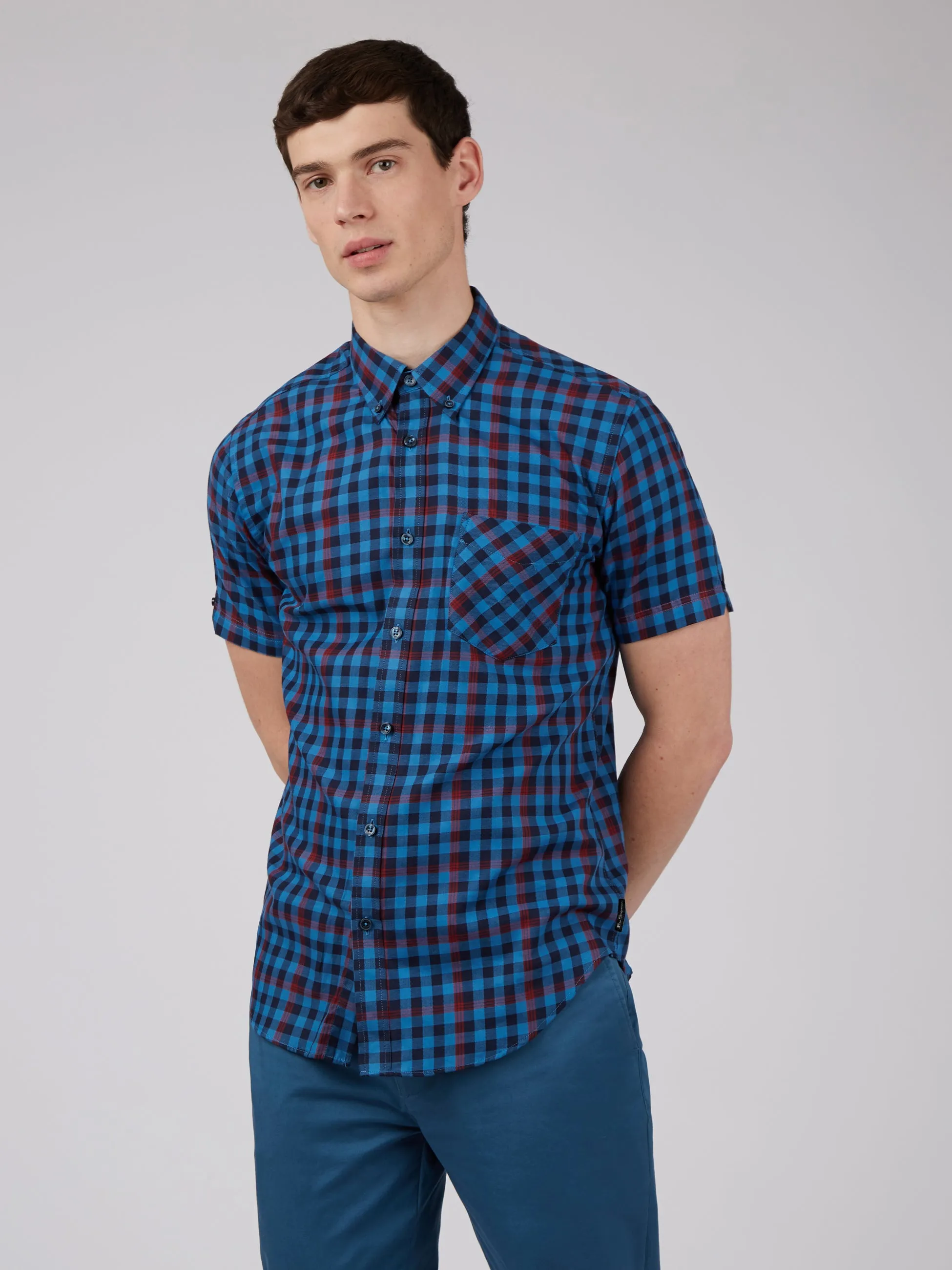 Gingham Overcheck Short-Sleeve Shirt - Bright Blue sold by Ben Sherman