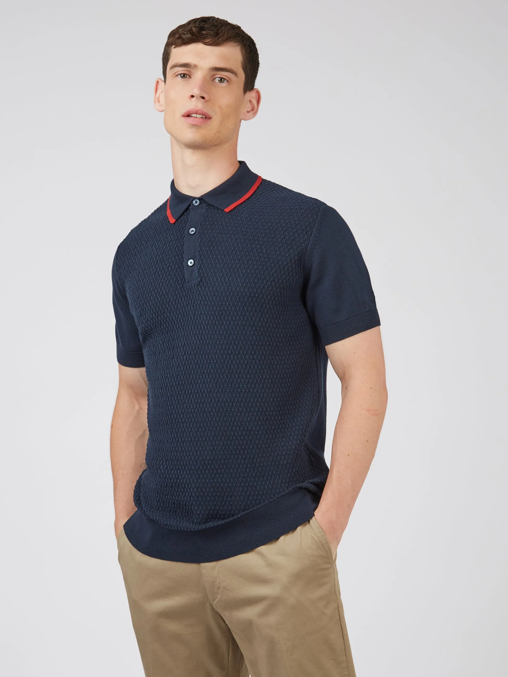 Textured Knit Contrast Tip Polo - Navy sold by Ben Sherman product image thumbnail 5