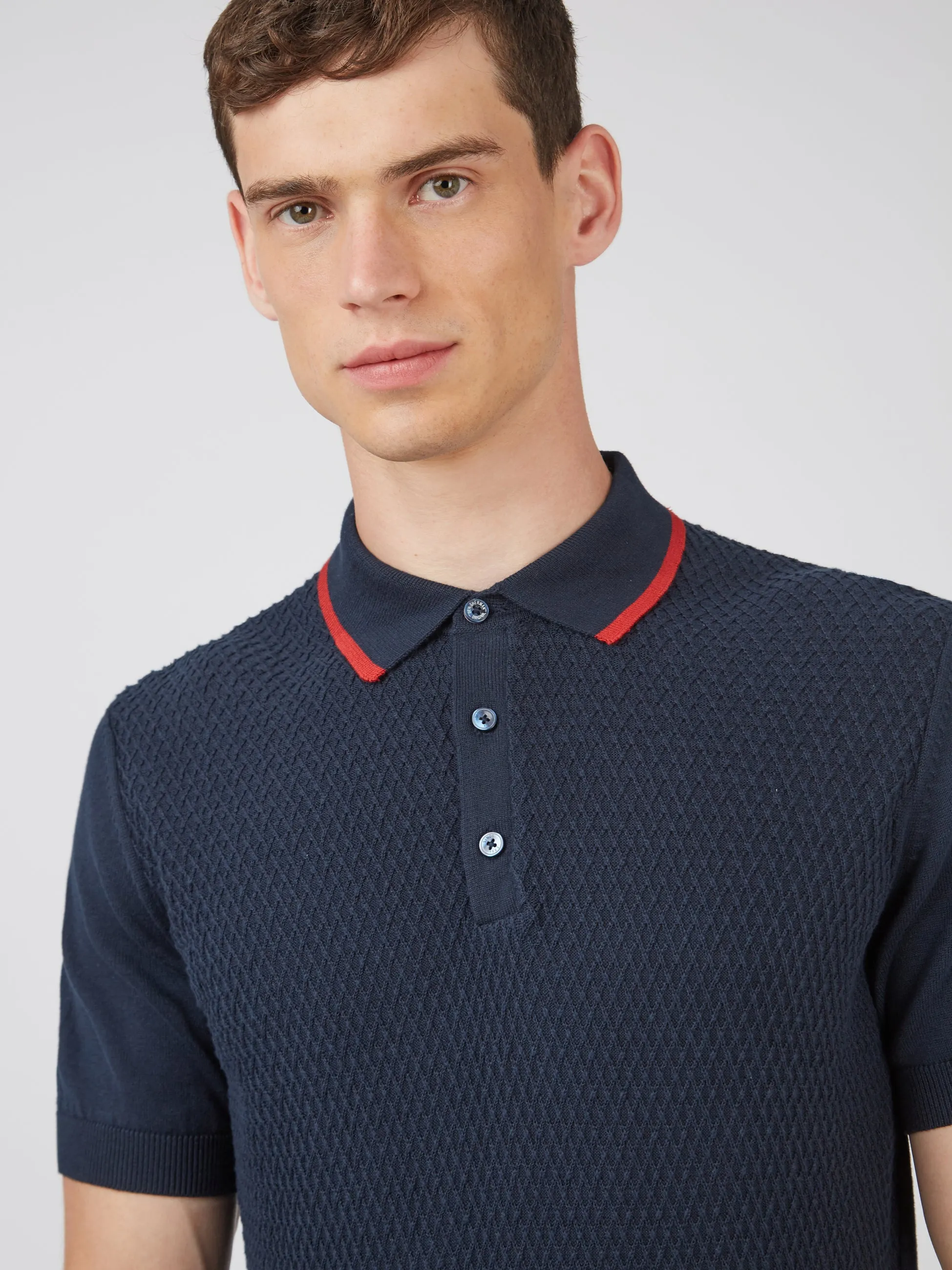 Textured Knit Contrast Tip Polo - Navy sold by Ben Sherman product image thumbnail 3