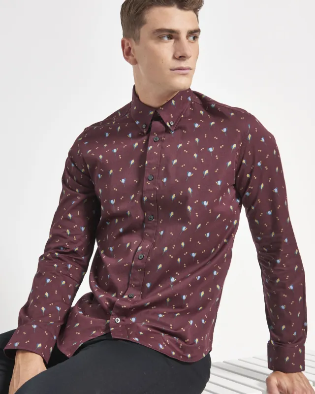 Scattered Floral Print Long-Sleeve Shirt - Aubergine sold by Ben Sherman