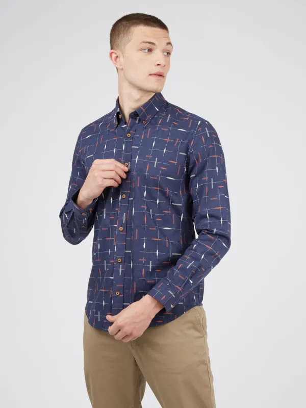 Long-Sleeve Herringbone Marl Print Shirt - Marine sold by Ben Sherman