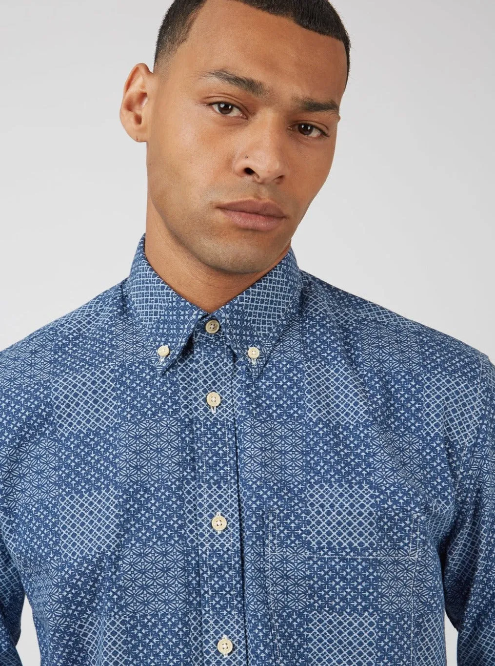 Chambray Patchwork Geo Print Long-Sleeve Shirt sold by Ben Sherman