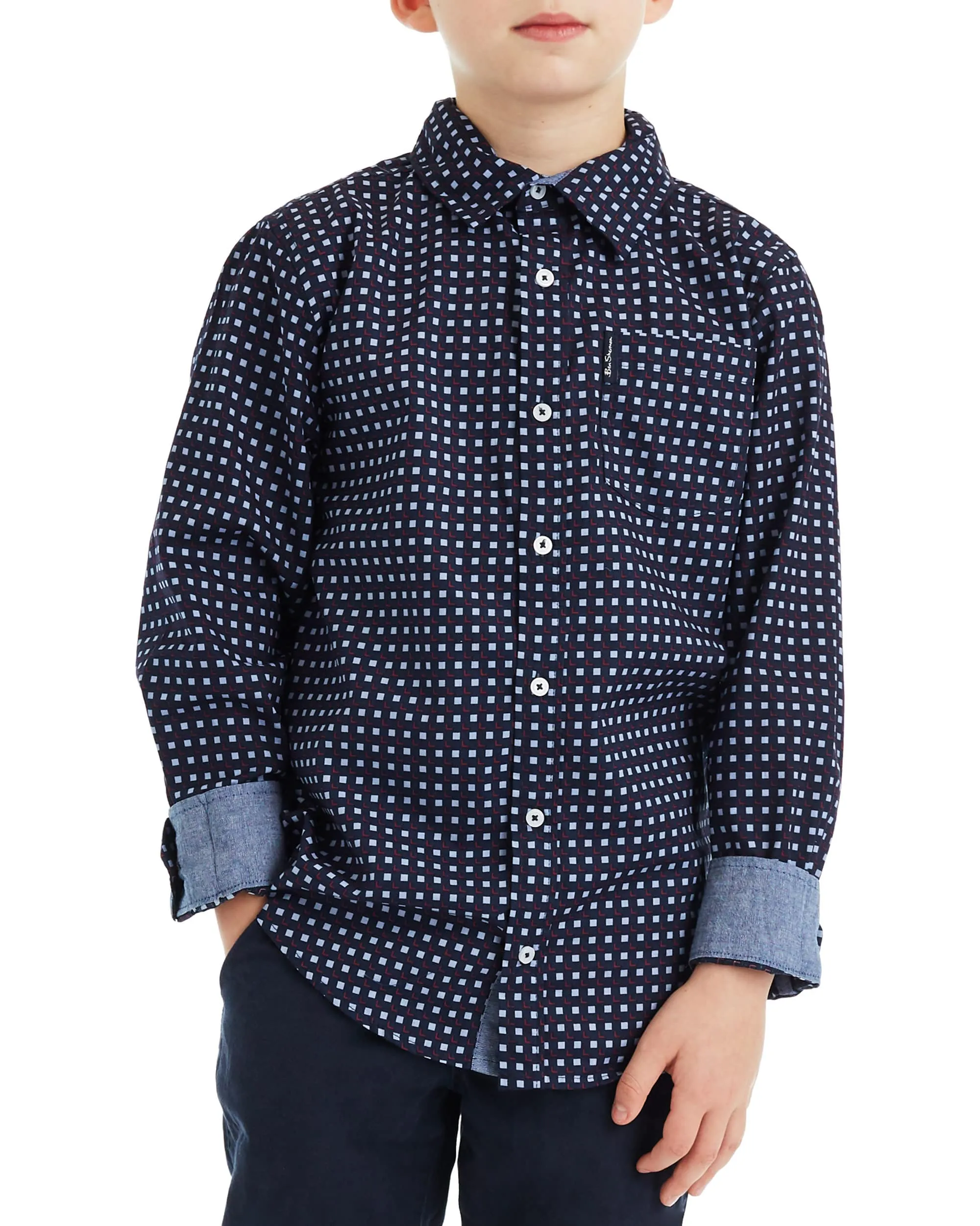 Boys' Navy Long-Sleeve Square Print Button-Down Shirt (Sizes 8-18) sold by Ben Sherman