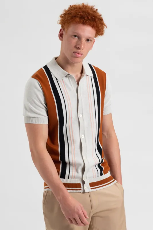 Iconic Vertical Stripe Button-Through Mod Knit Polo - Ivory sold by Ben Sherman