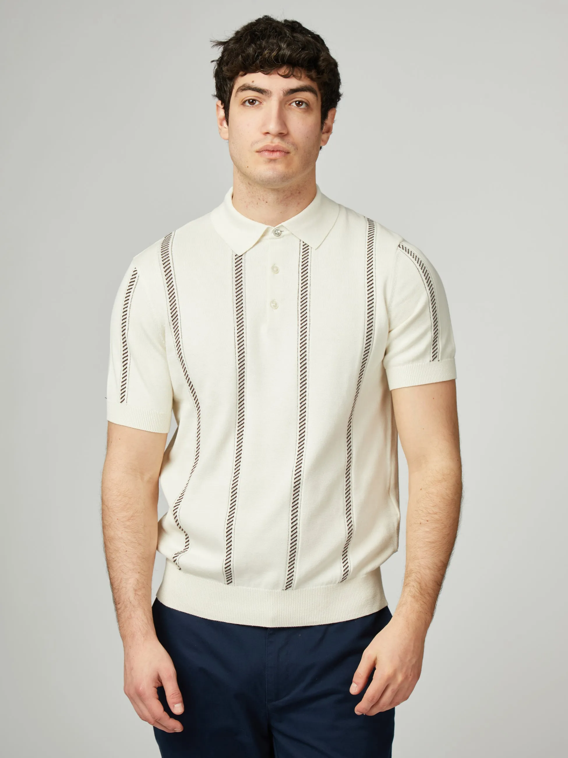 Jacquard Stripe Polo - Ivory sold by Ben Sherman