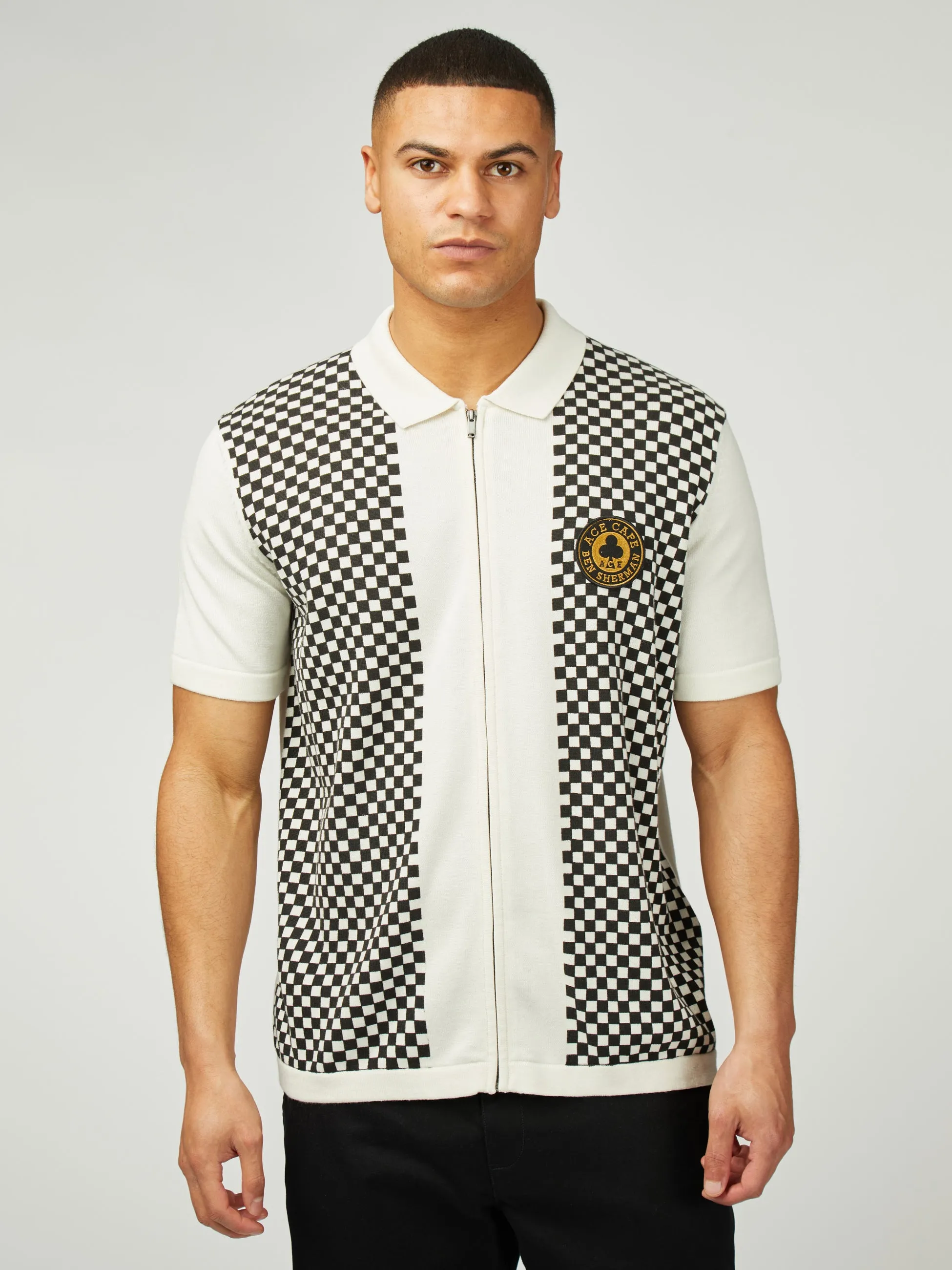 Ace Cafe Chequerboard Zip Through Polo - Ivory sold by Ben Sherman