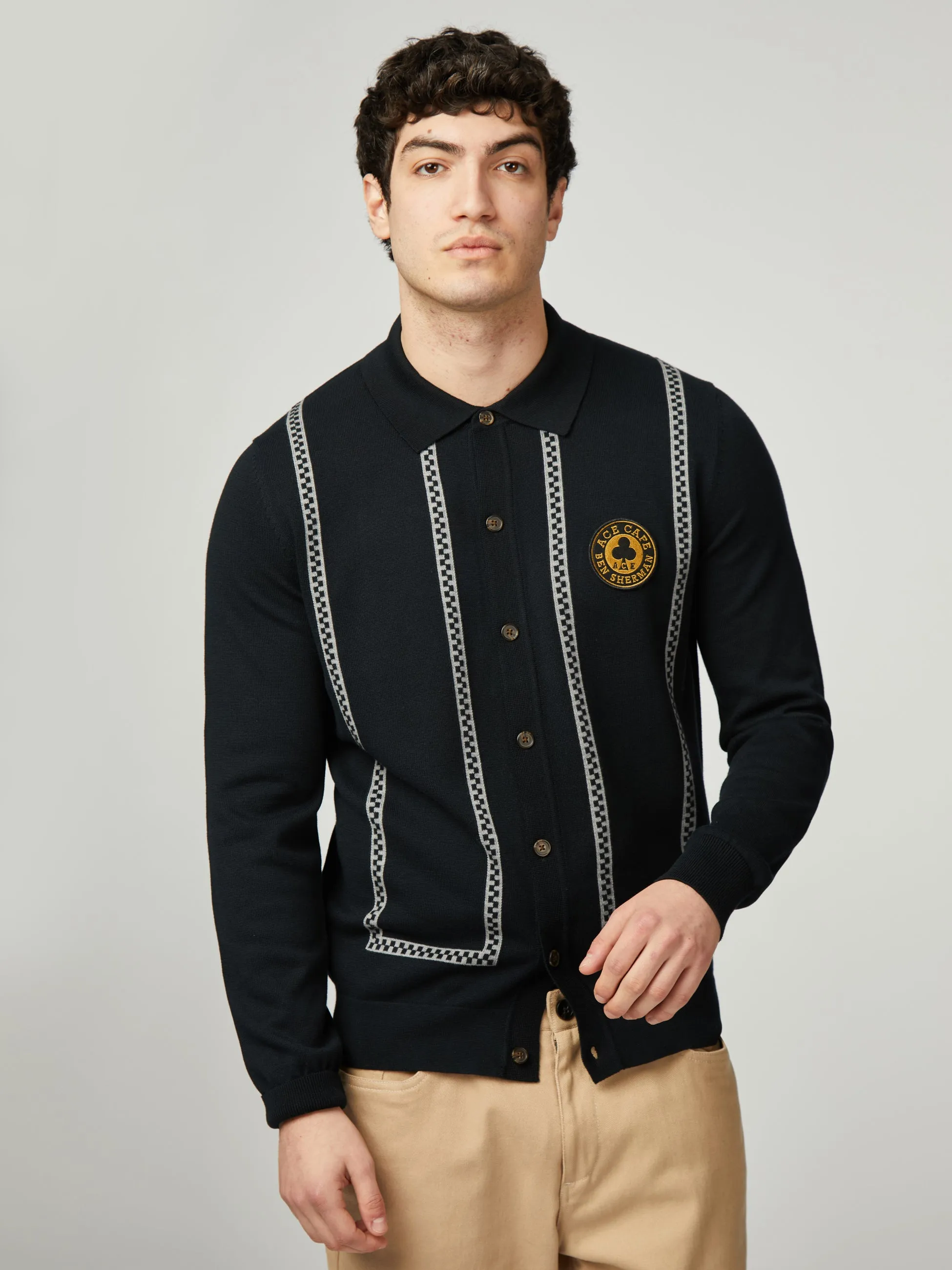 Ace Cafe Chequerboard Button Through Polo - Black sold by Ben Sherman