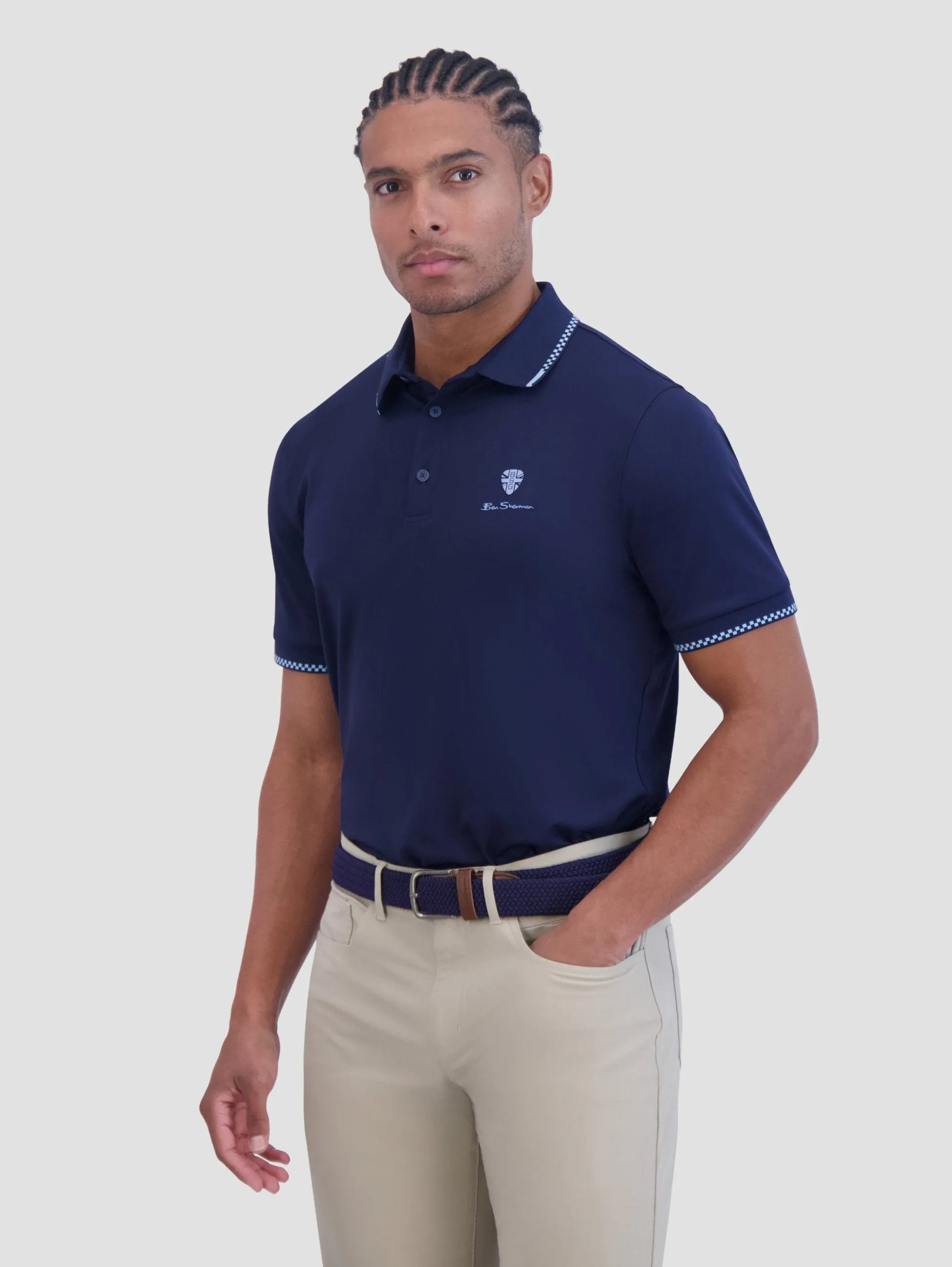 Checker Rib Tech Pique Sports Fit Polo - Navy sold by Ben Sherman