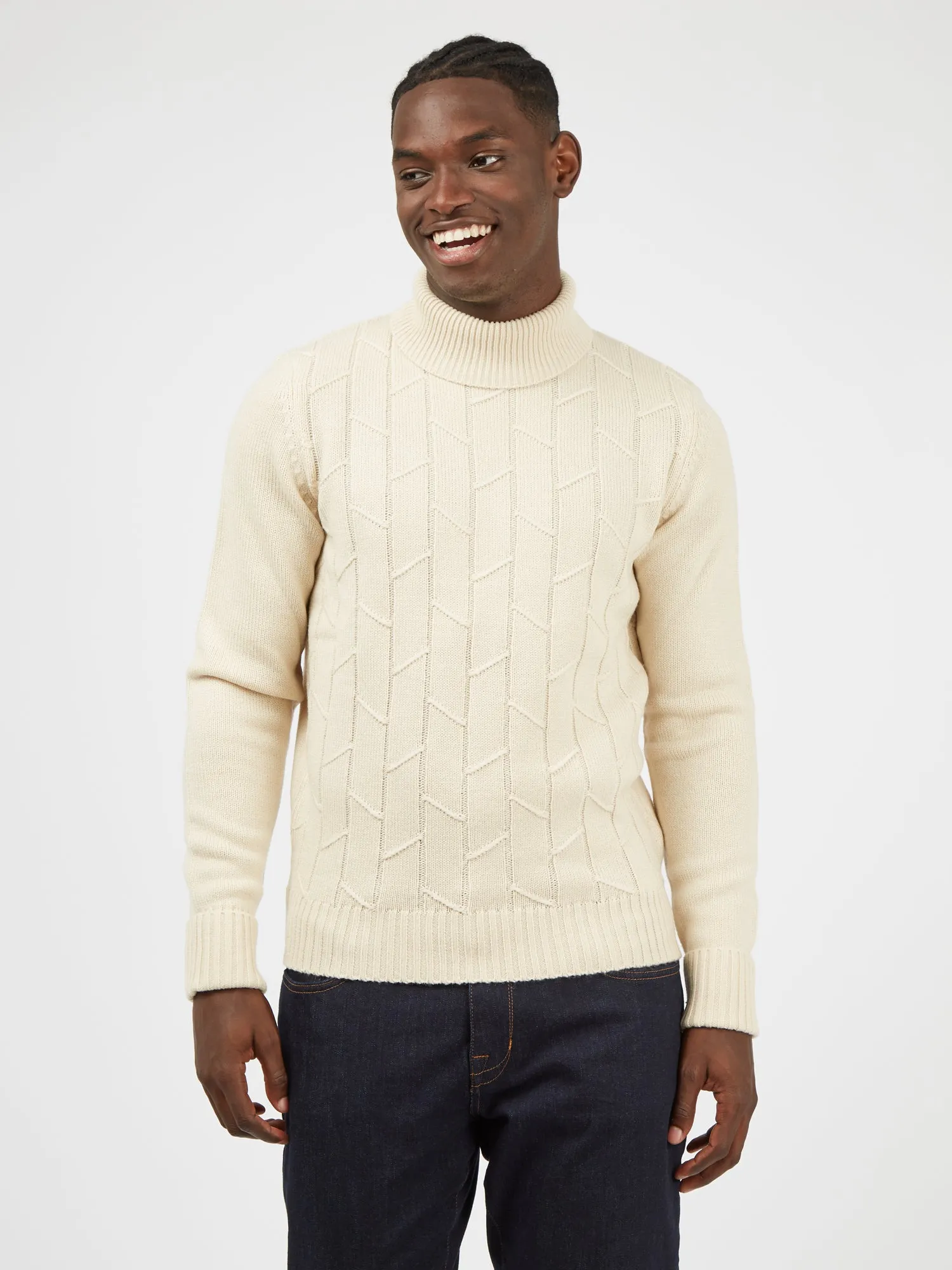 Patterned Knit Roll-Neck Sweater - Ivory sold by Ben Sherman