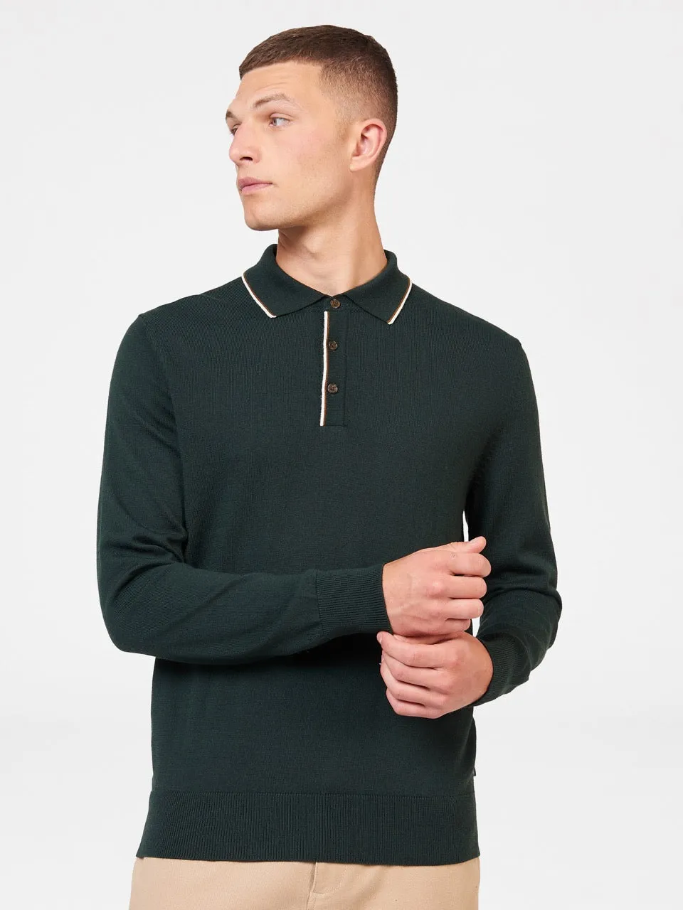 Tipped Merino Knit Sweater Polo - Dark Green sold by Ben Sherman product image thumbnail 3