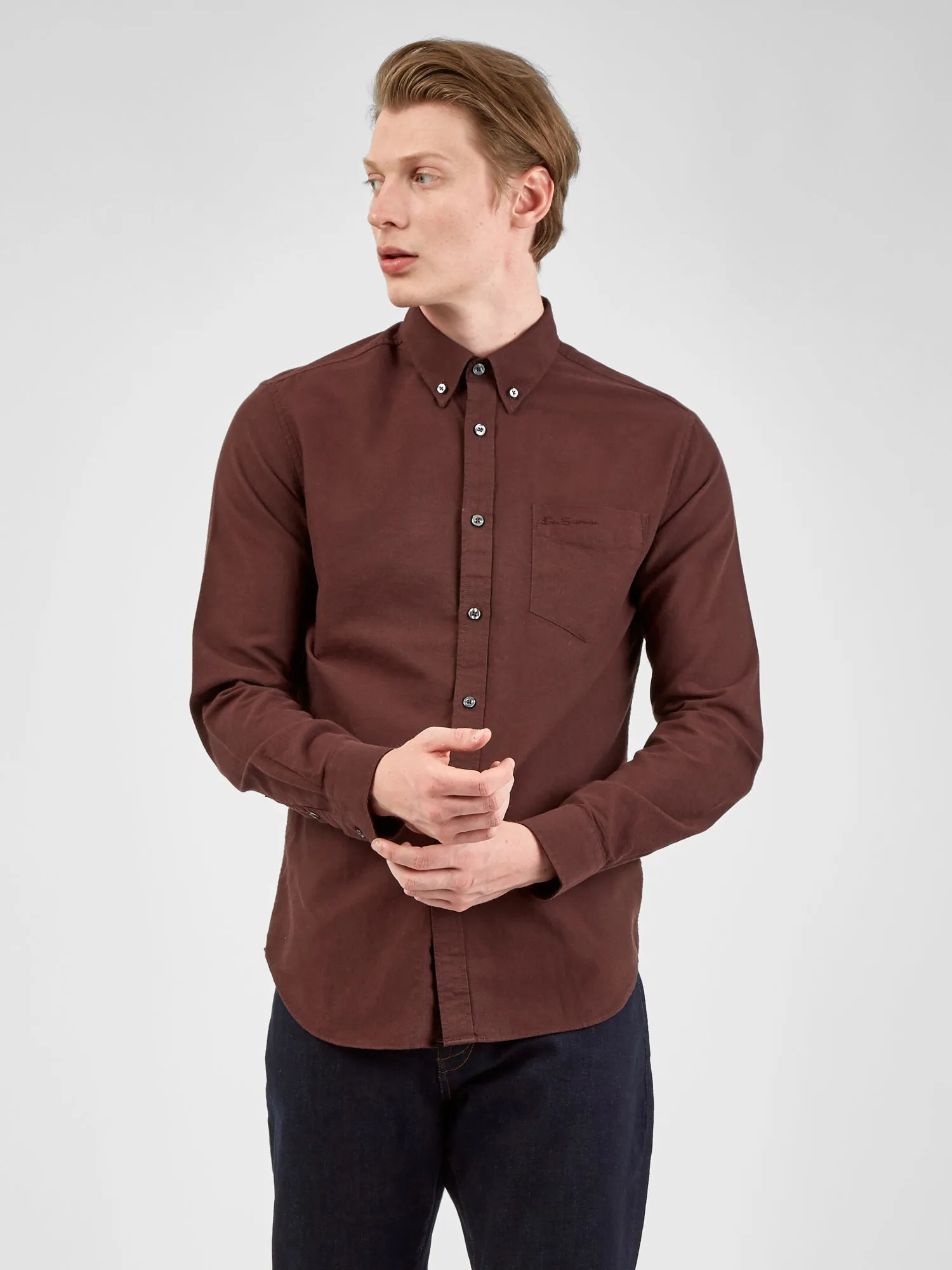 Signature Organic Long-Sleeve Oxford Shirt - Bordeaux sold by Ben Sherman