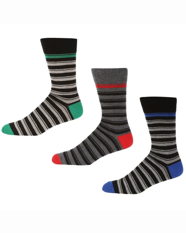 Wings of Eagles Men's 3-Pack Socks - Black/Grey/Cream Stripe sold by Ben Sherman