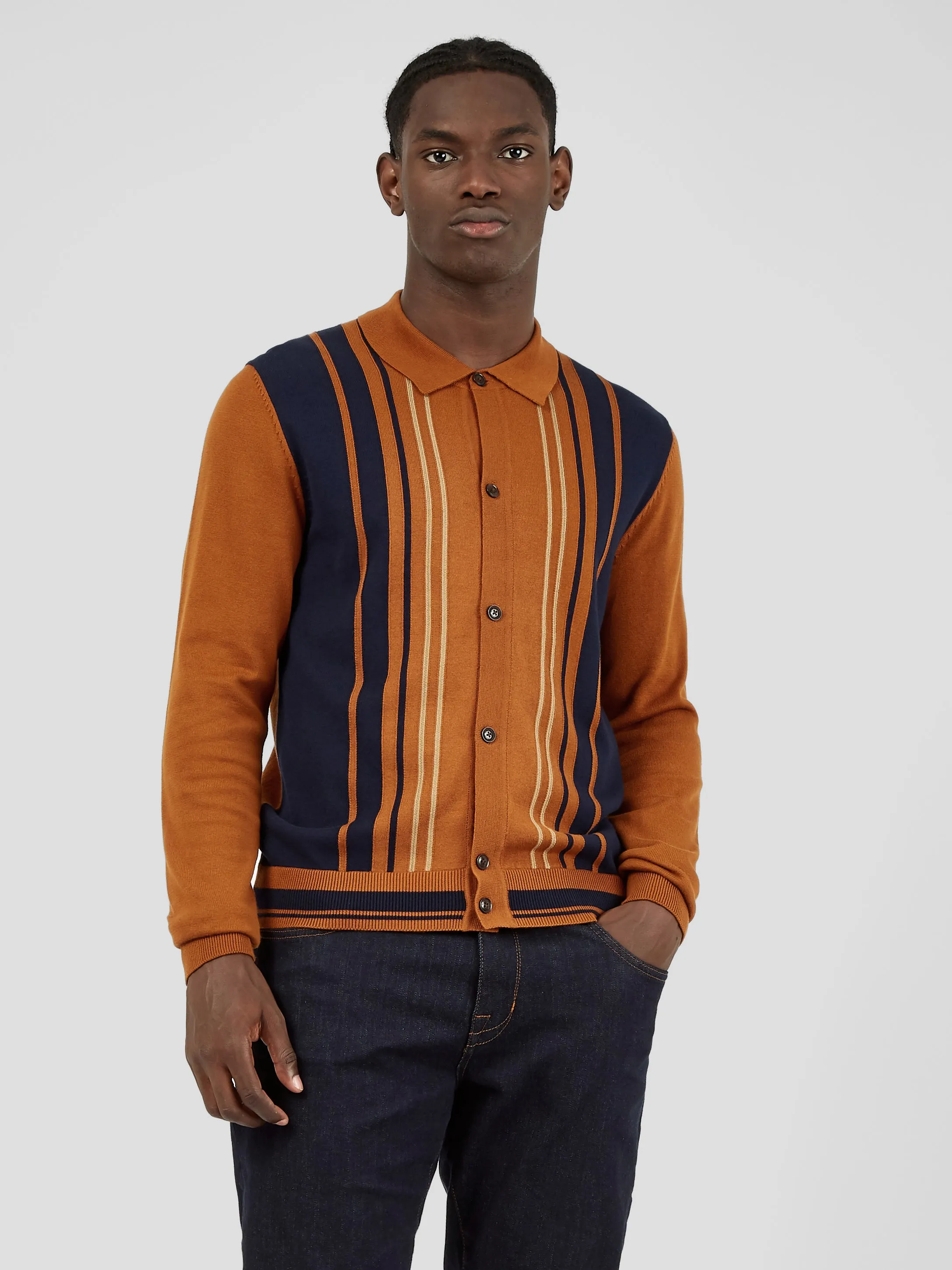 Iconic Vertical-Stripe Button-Through Mod Polo - Caramel sold by Ben Sherman