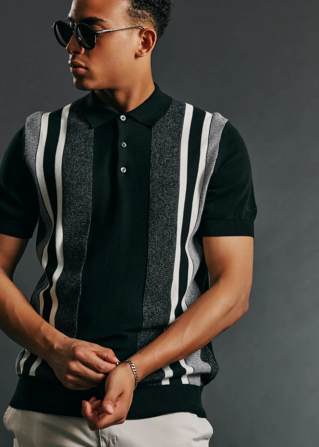 Birdseye Stripe Knit Polo - Black sold by Ben Sherman