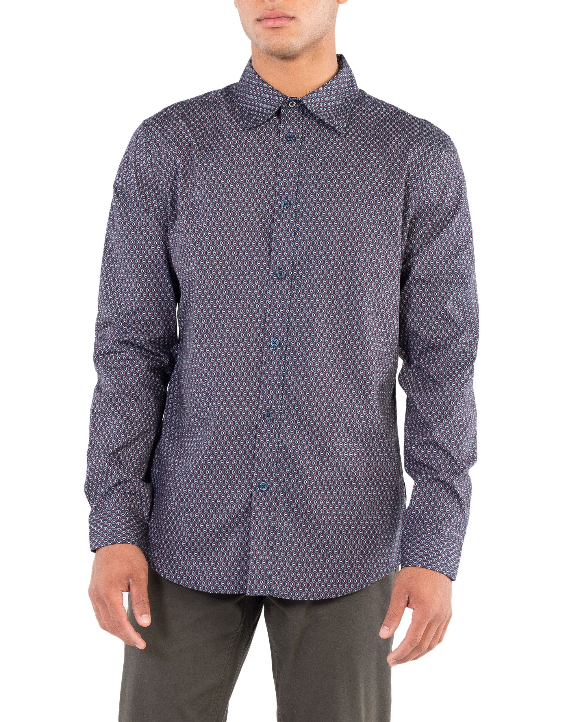 Long-Sleeve Retro Geo Print Shirt - Navy sold by Ben Sherman
