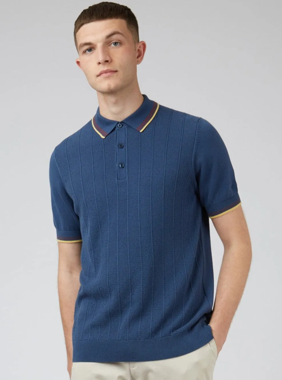 Textured Knit Fitted Polo - Blue Denim sold by Ben Sherman