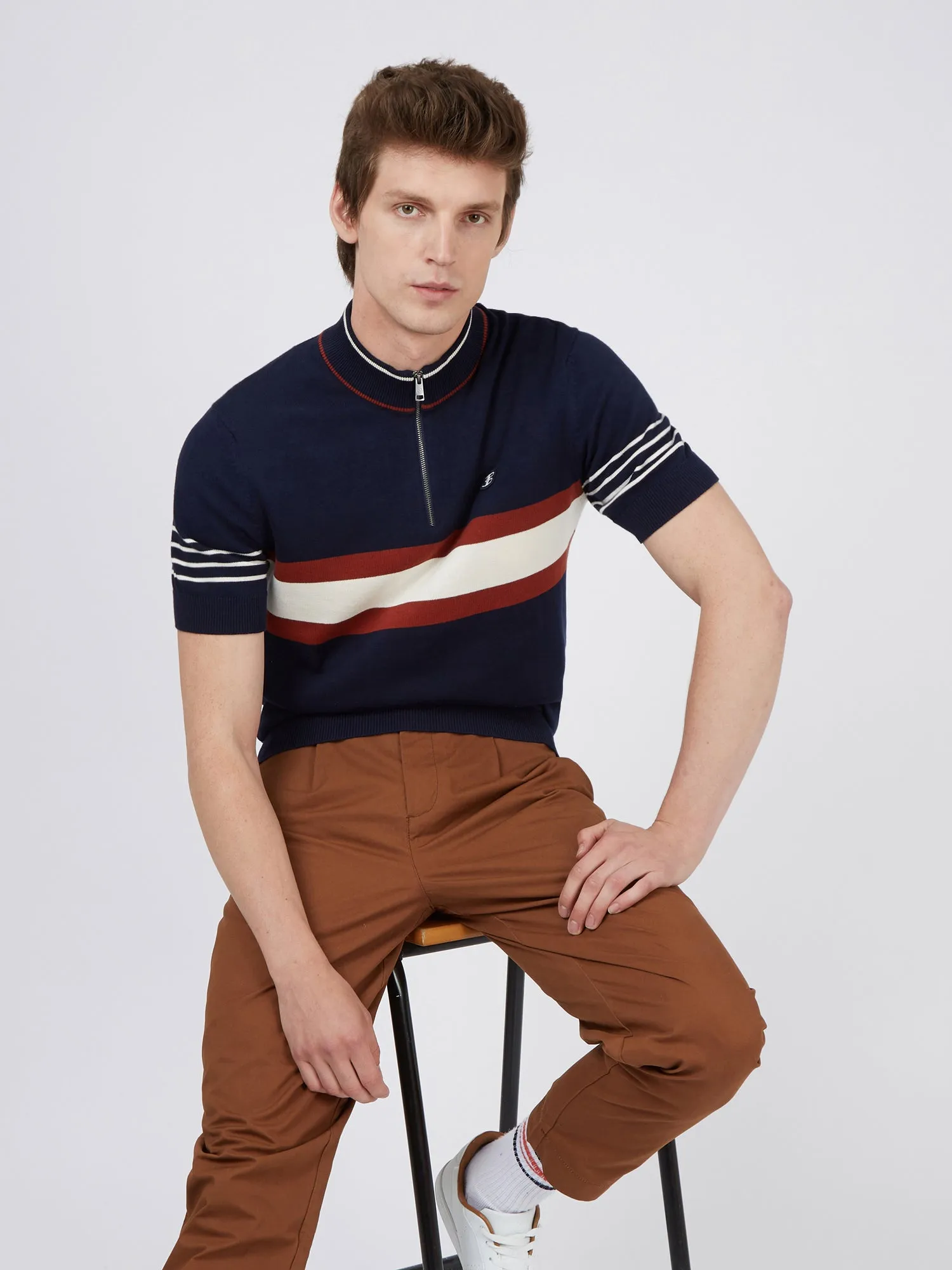 B by Ben Sherman Short-Sleeve Zip-Neck Knit Polo - Marine sold by Ben Sherman