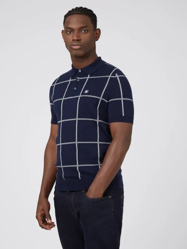 B by Ben Sherman Jacquard Check Knit Polo - Marine sold by Ben Sherman