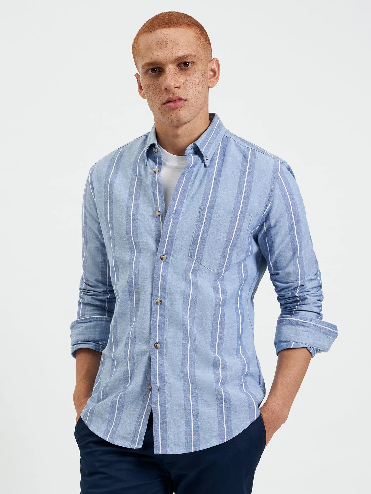 Long-Sleeve Block-Stripe Shirt - Dark Blue sold by Ben Sherman