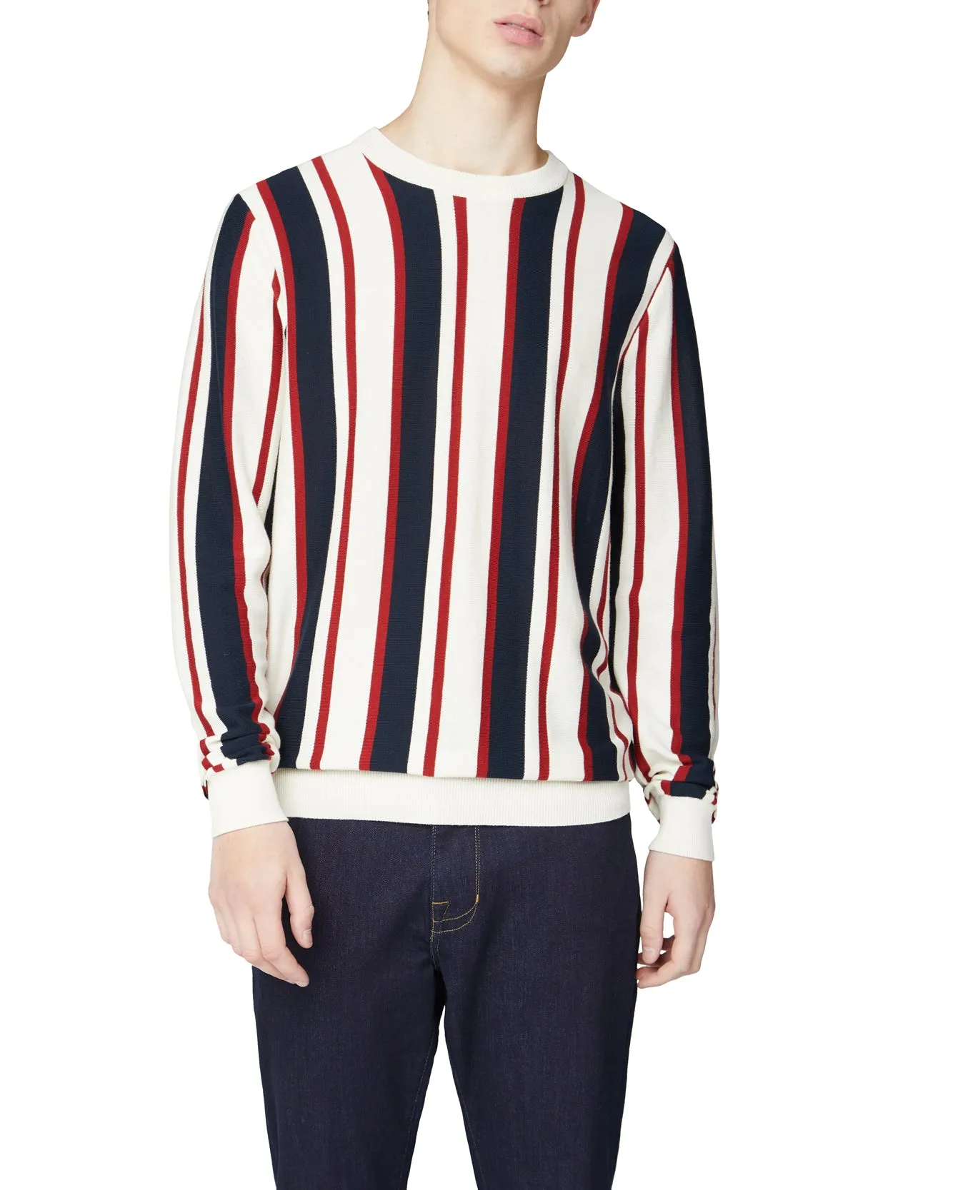 Knitted Mod Stripe Crewneck Sweater - Ivory sold by Ben Sherman