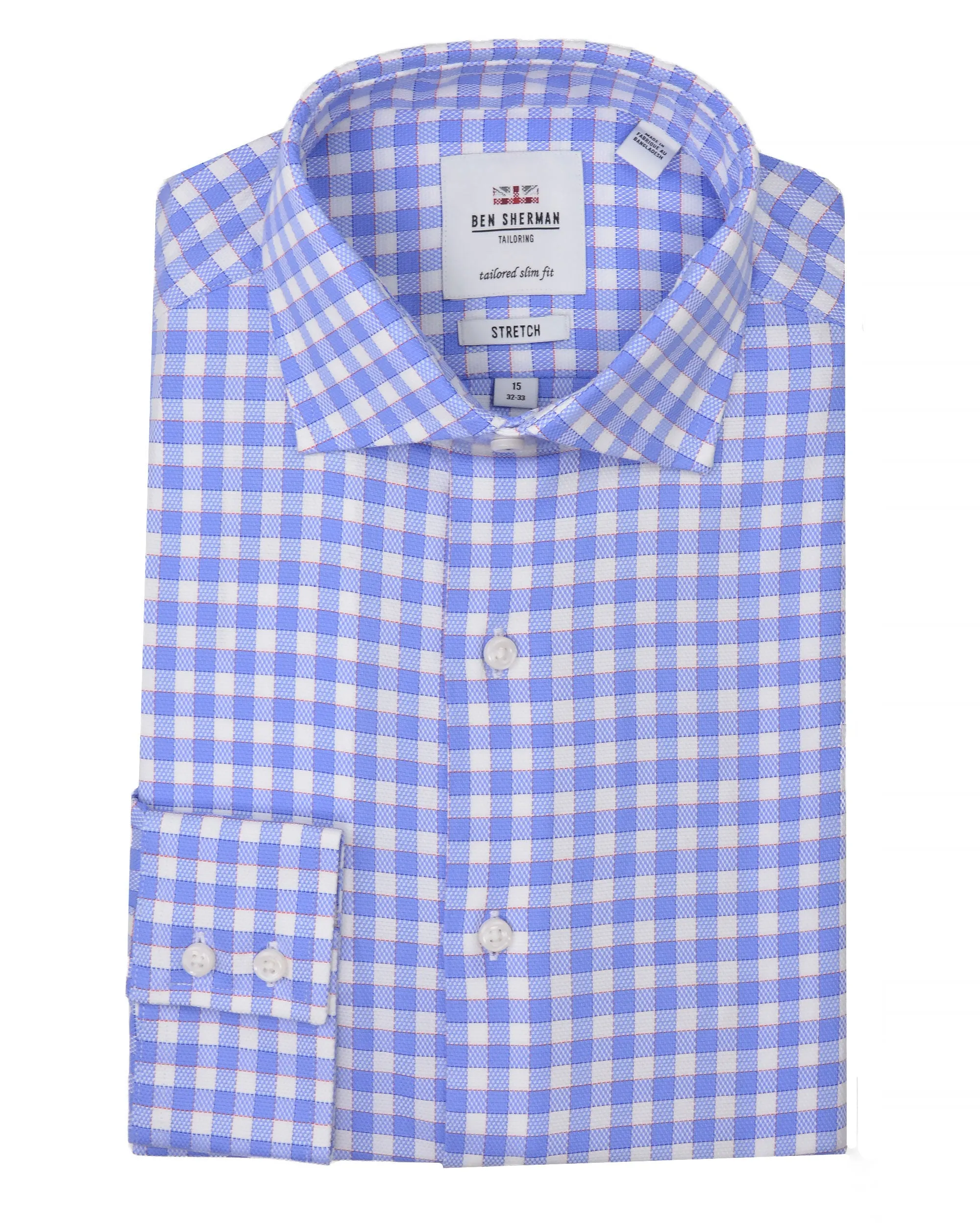 Stretch Blue and Orange Dobby Gingham Slim Fit Dress Shirt sold by Ben Sherman product image thumbnail 4