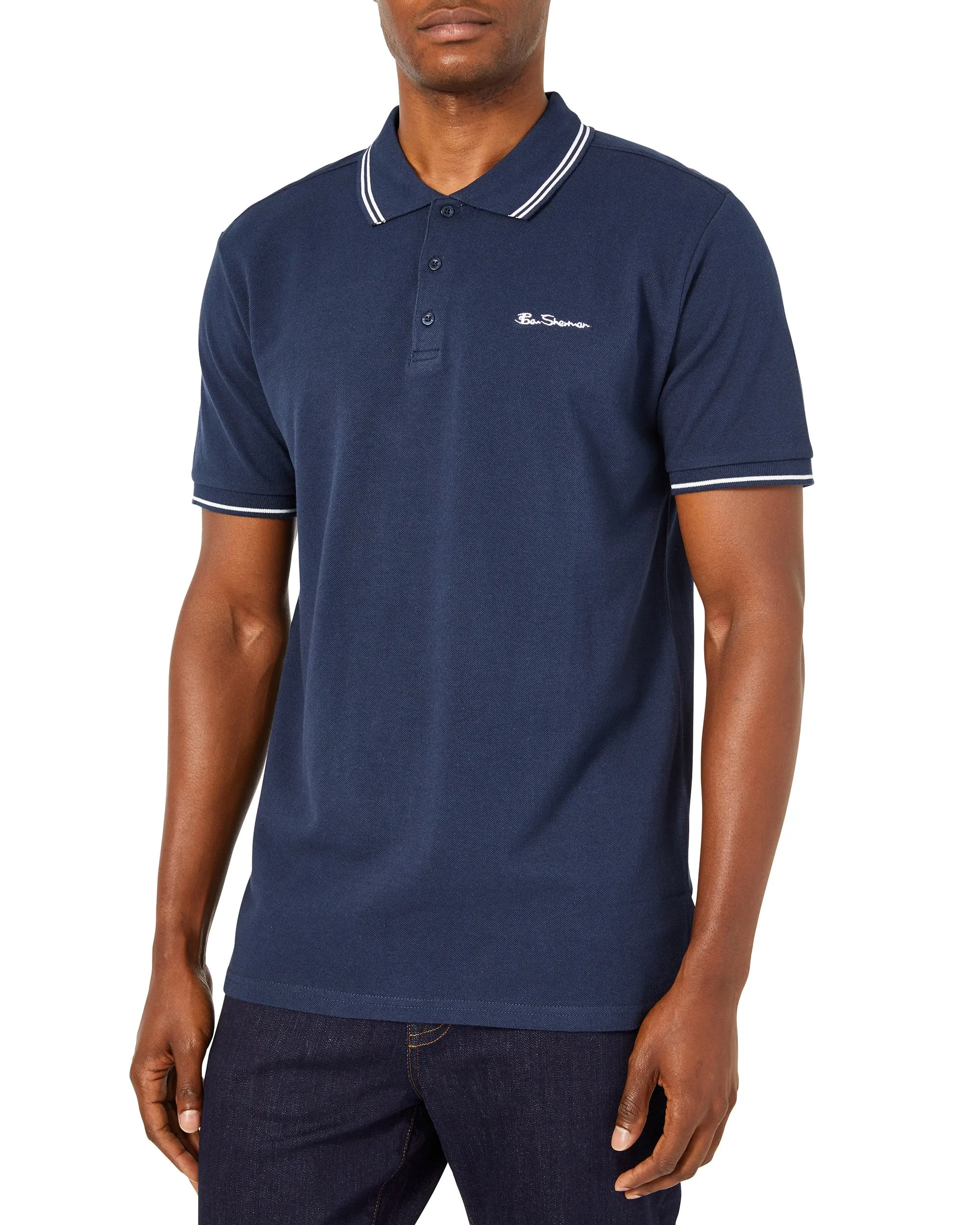 Script Tipped Pique Polo Shirt - Navy/White sold by Ben Sherman