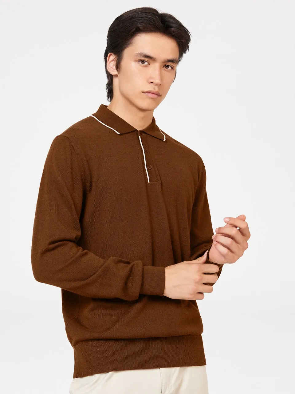 Tipped Merino Knit Sweater Polo - Brown sold by Ben Sherman