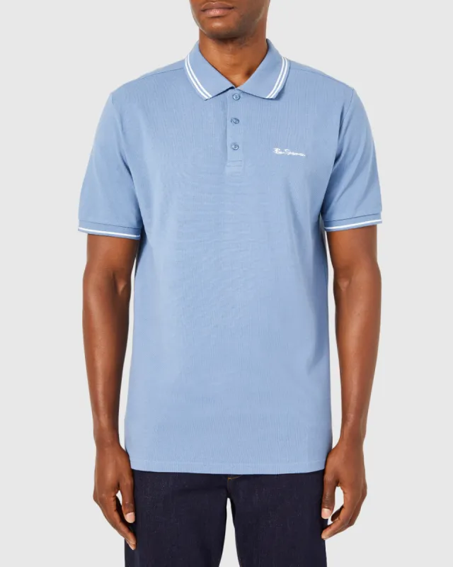 Script Tipped Pique Polo Shirt - Light Blue/White sold by Ben Sherman